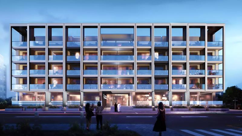 Exterior facade of Binghatti Galaxy apartment tower in Jumeirah Village Circle, Dubai