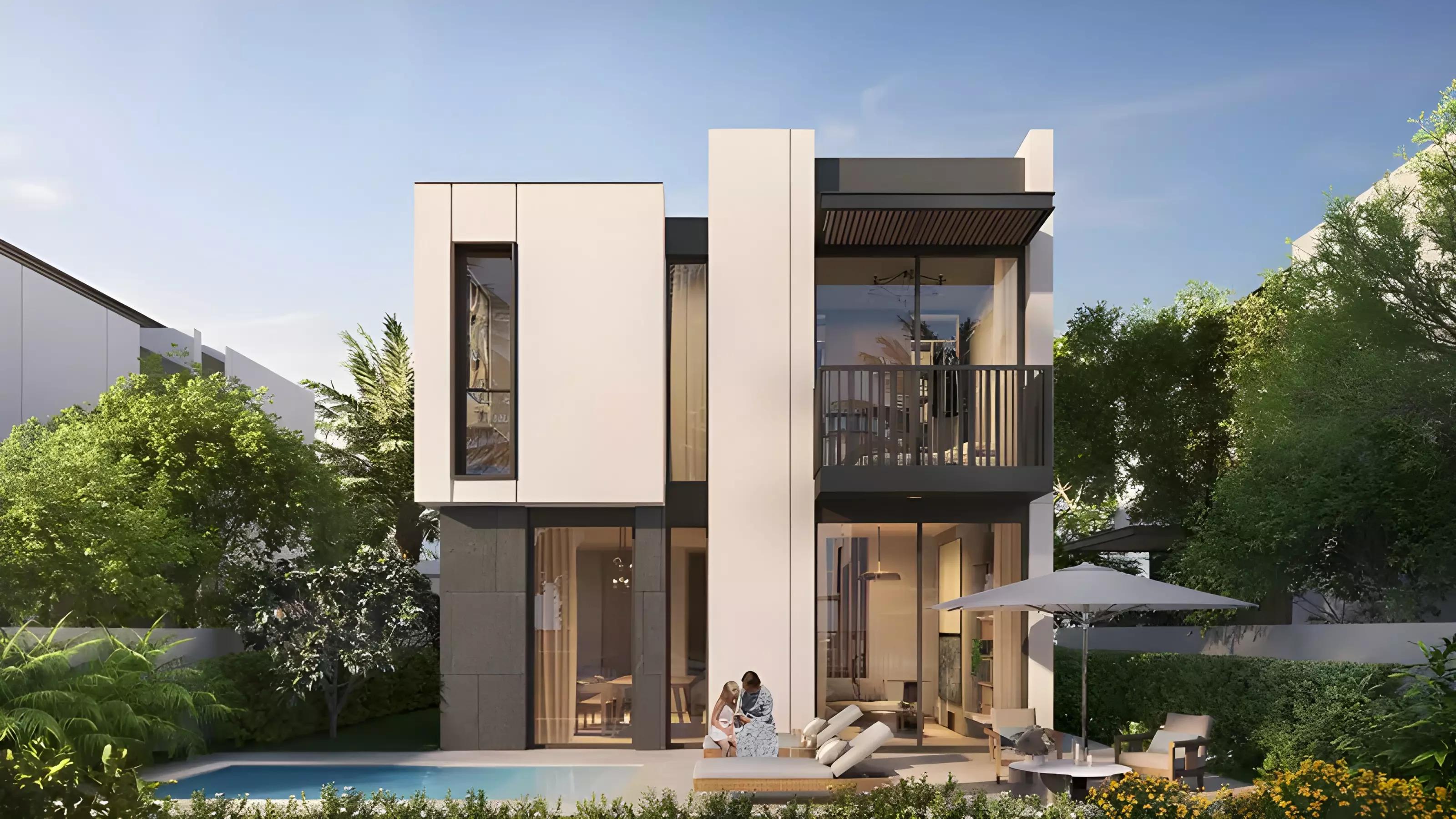 Community landscaping and pathways near Oasis townhouses at Haven By Aldar, Dubai