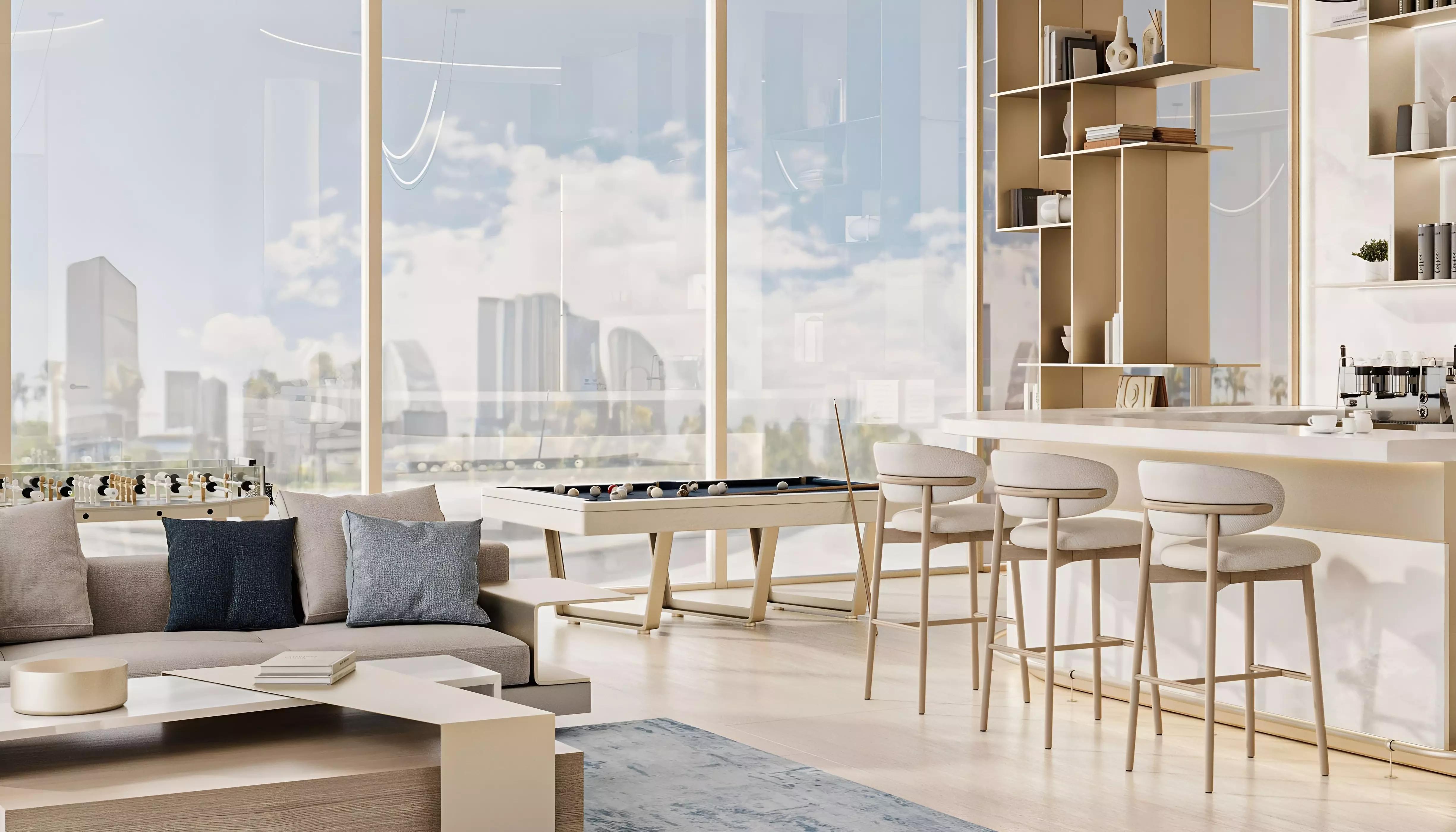 Exterior facade of Cove Edition 6 apartment building, Dubai Land Residence Complex