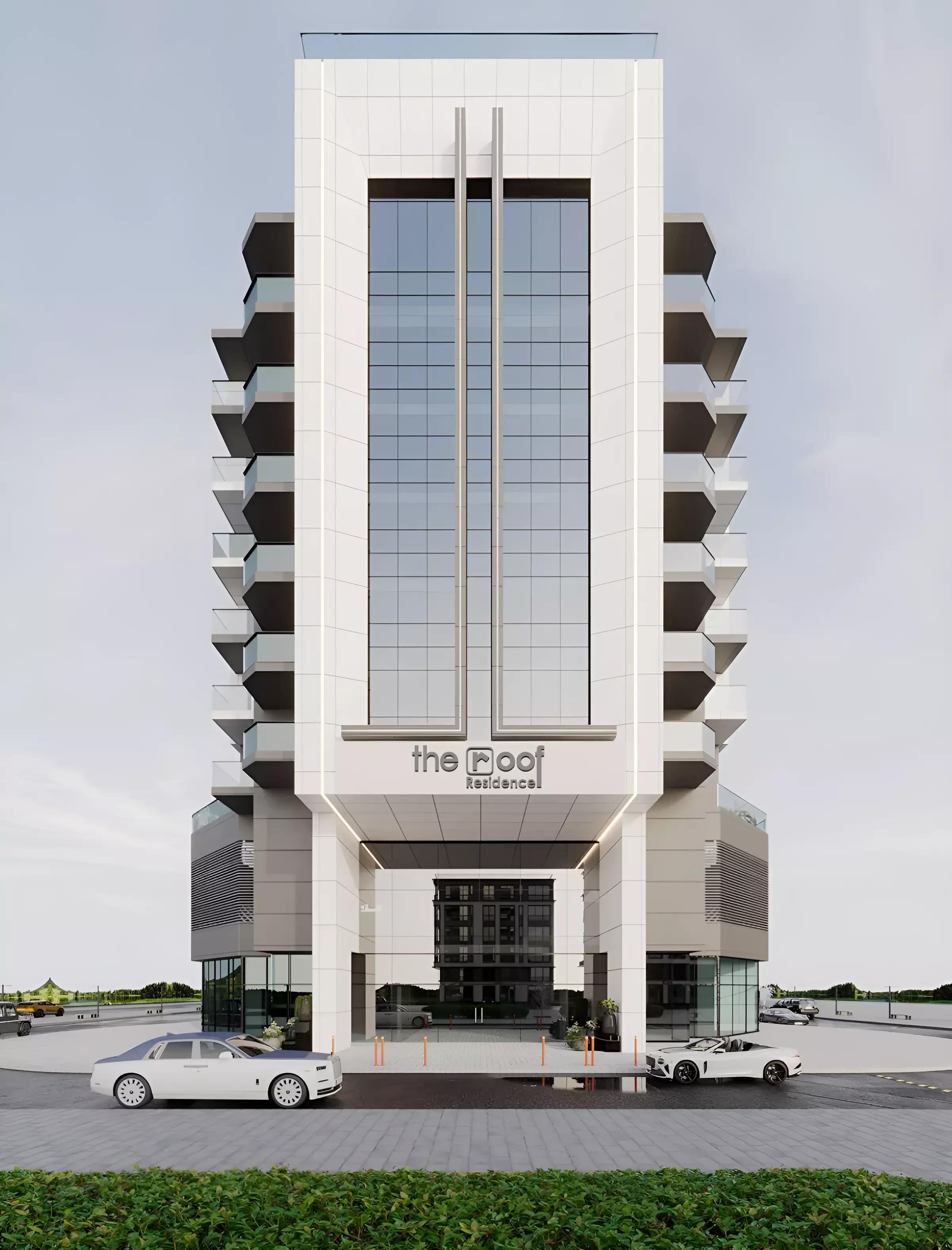 Landscaped gardens and outdoor amenity area at The Roof Residence, Dubai