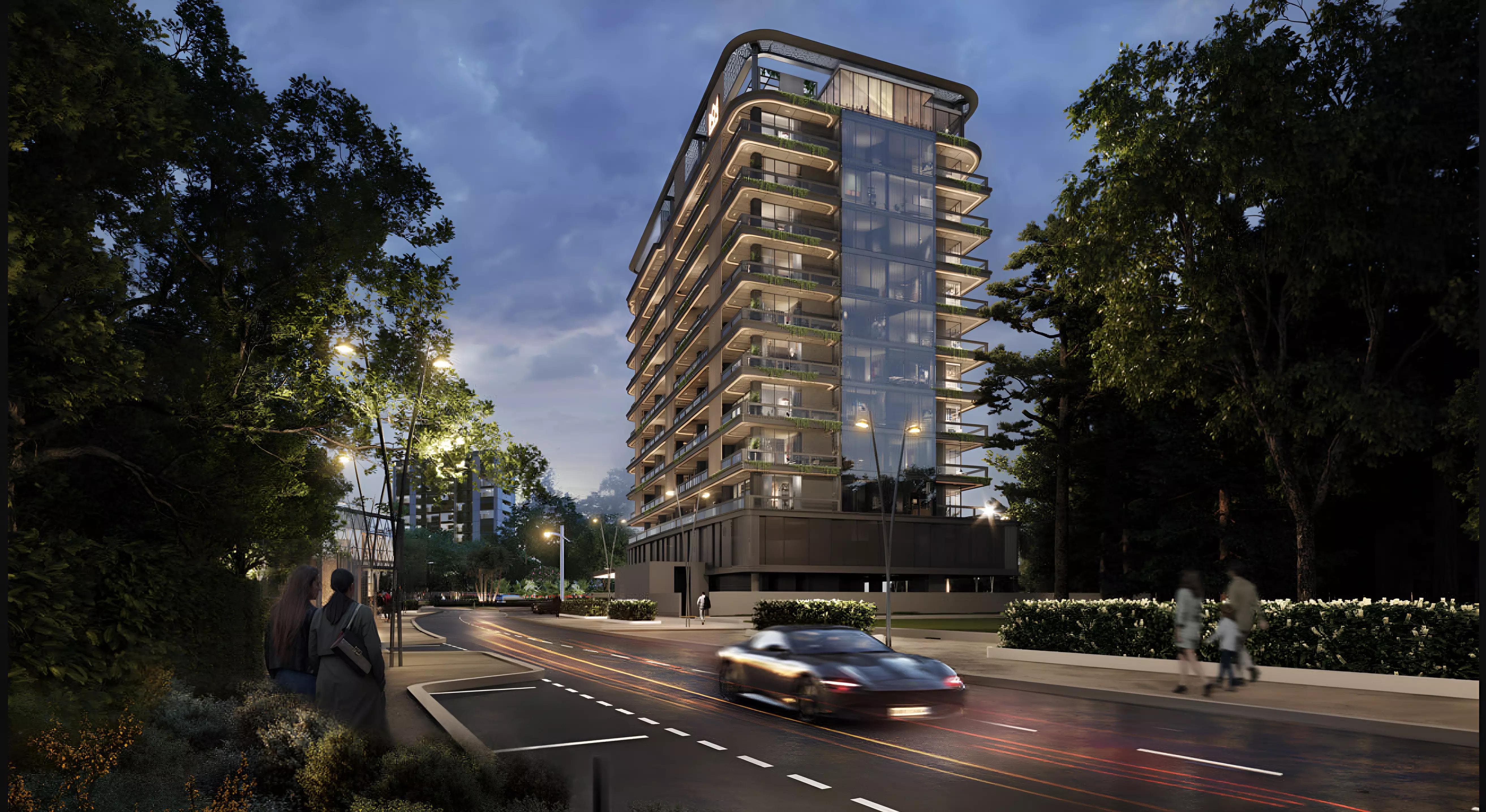 Marquis Vista residential building facade and entrance, Dubai Land Residence Complex