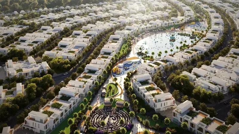 Damac Water Vein building facade and landscaping, Dubai Investment Park 2