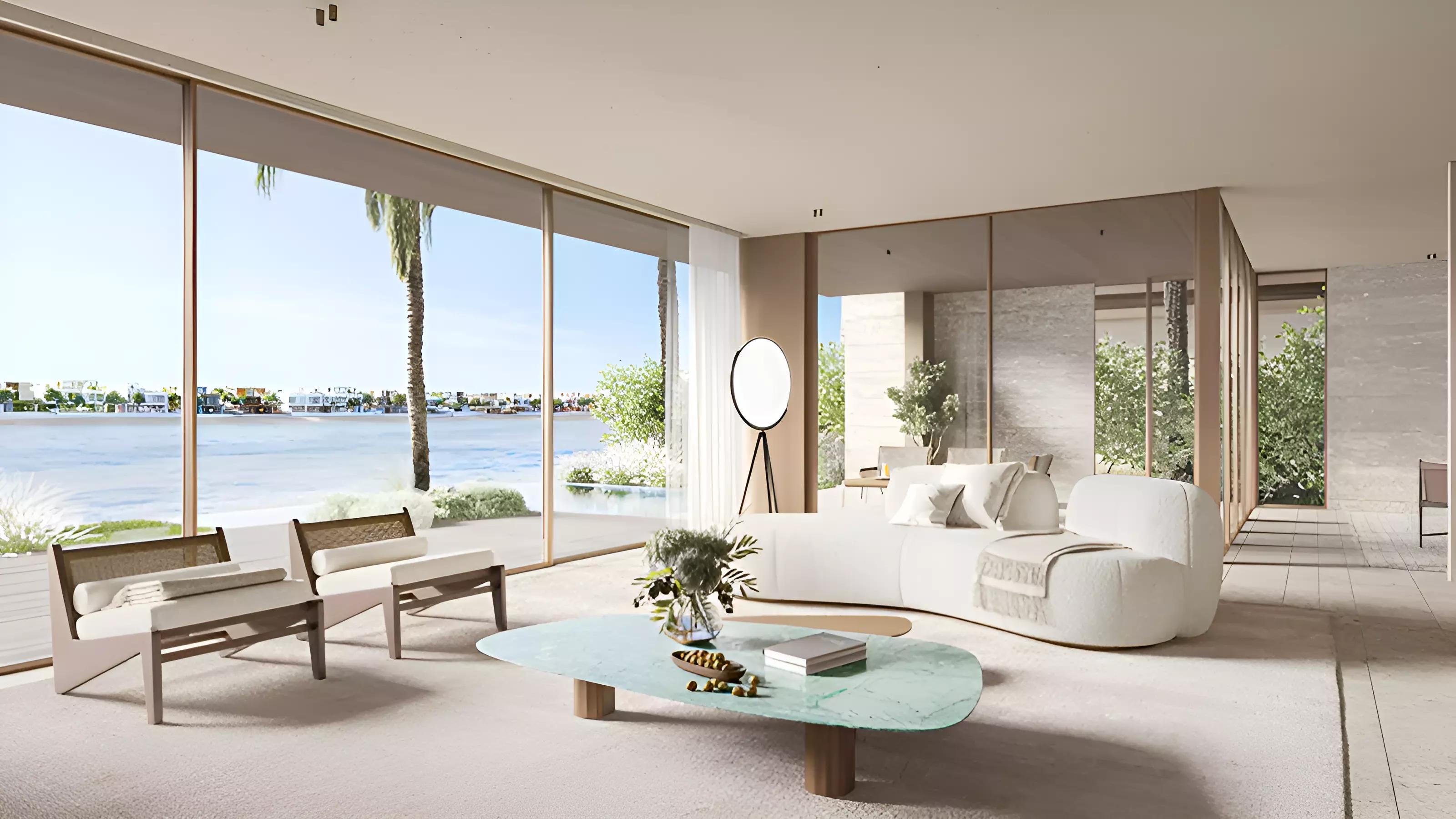 Villa Cobalt living space interior with contemporary finishes, Palm Jebel Ali