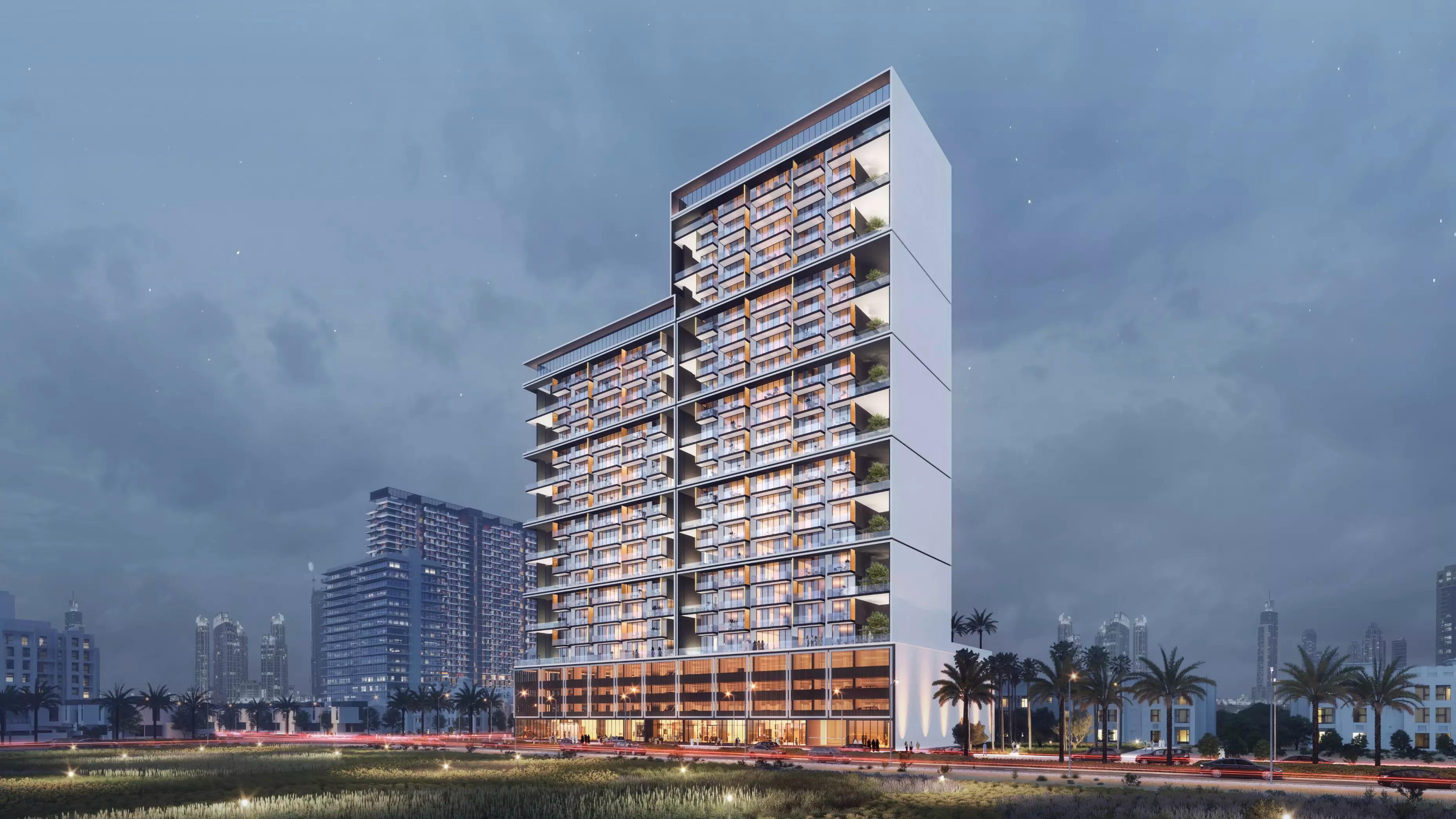 Binghatti Orchid building entrance and landscaping, JVC, Dubai