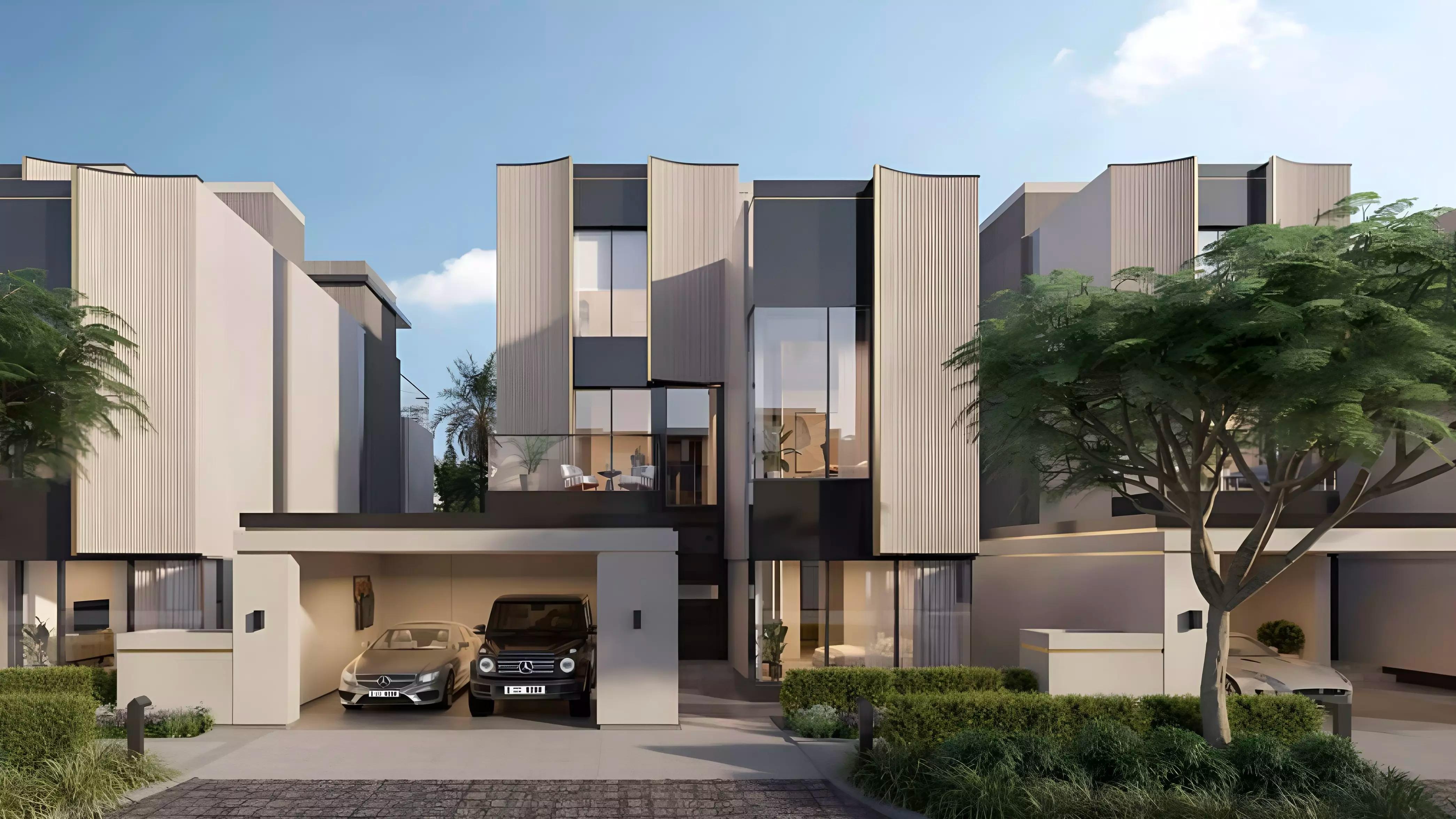 The Watercrest villa exterior with landscaped front garden, The Sanctuary, MBR City, Dubai