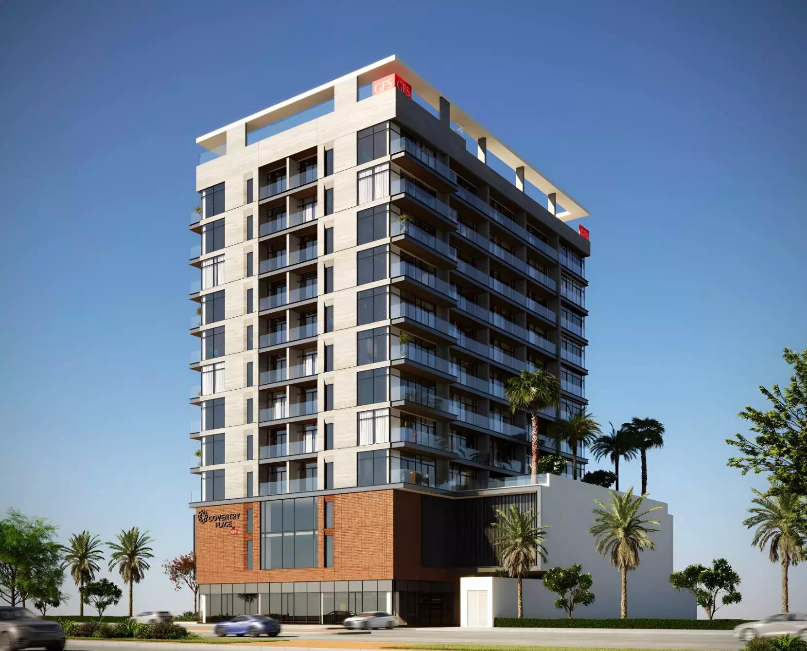 Coventry Place residential tower exterior, Dubai Production City