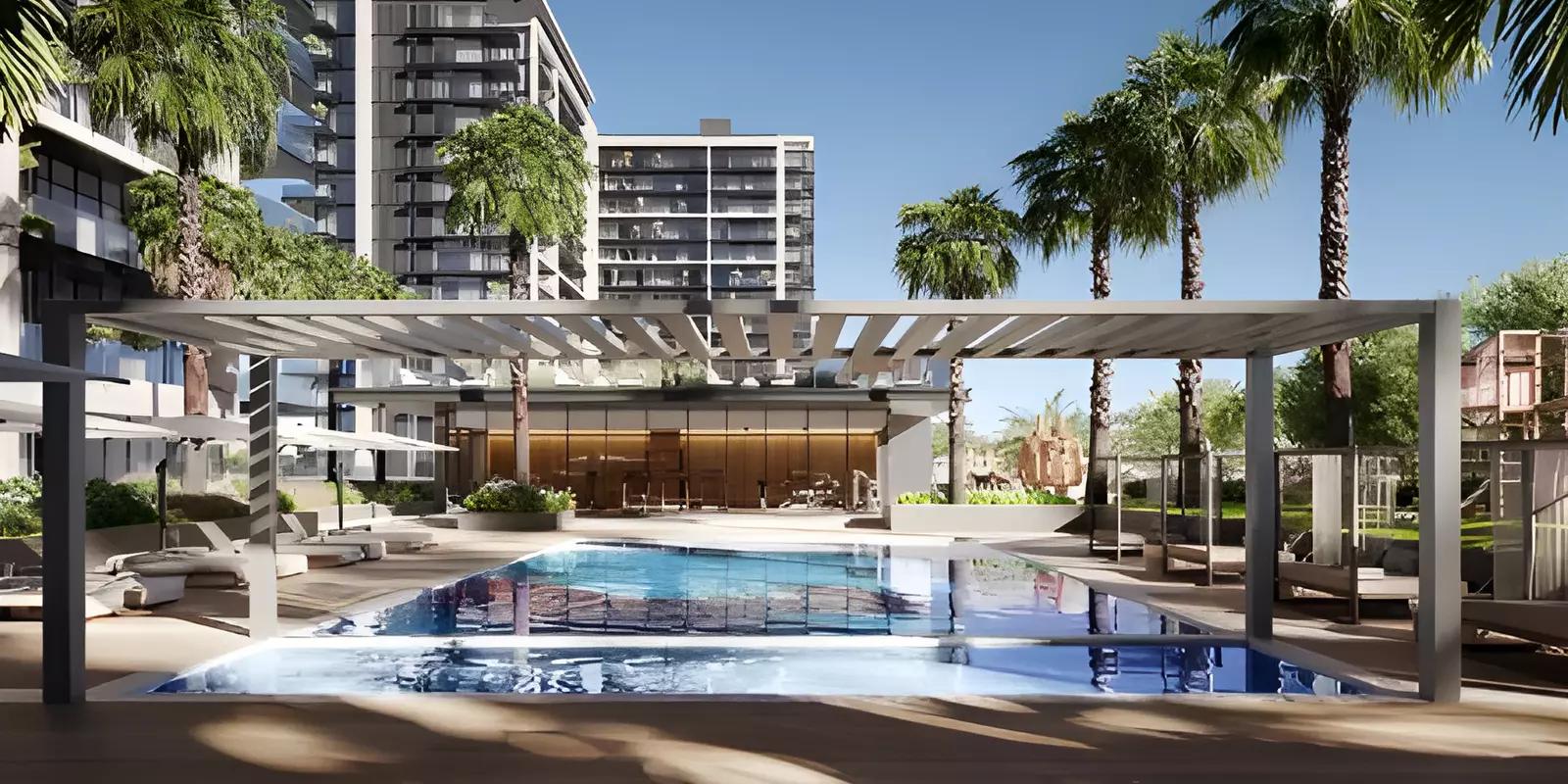 Building entrance and landscaped approach at 399 Hills Park B, Dubai Hills Estate