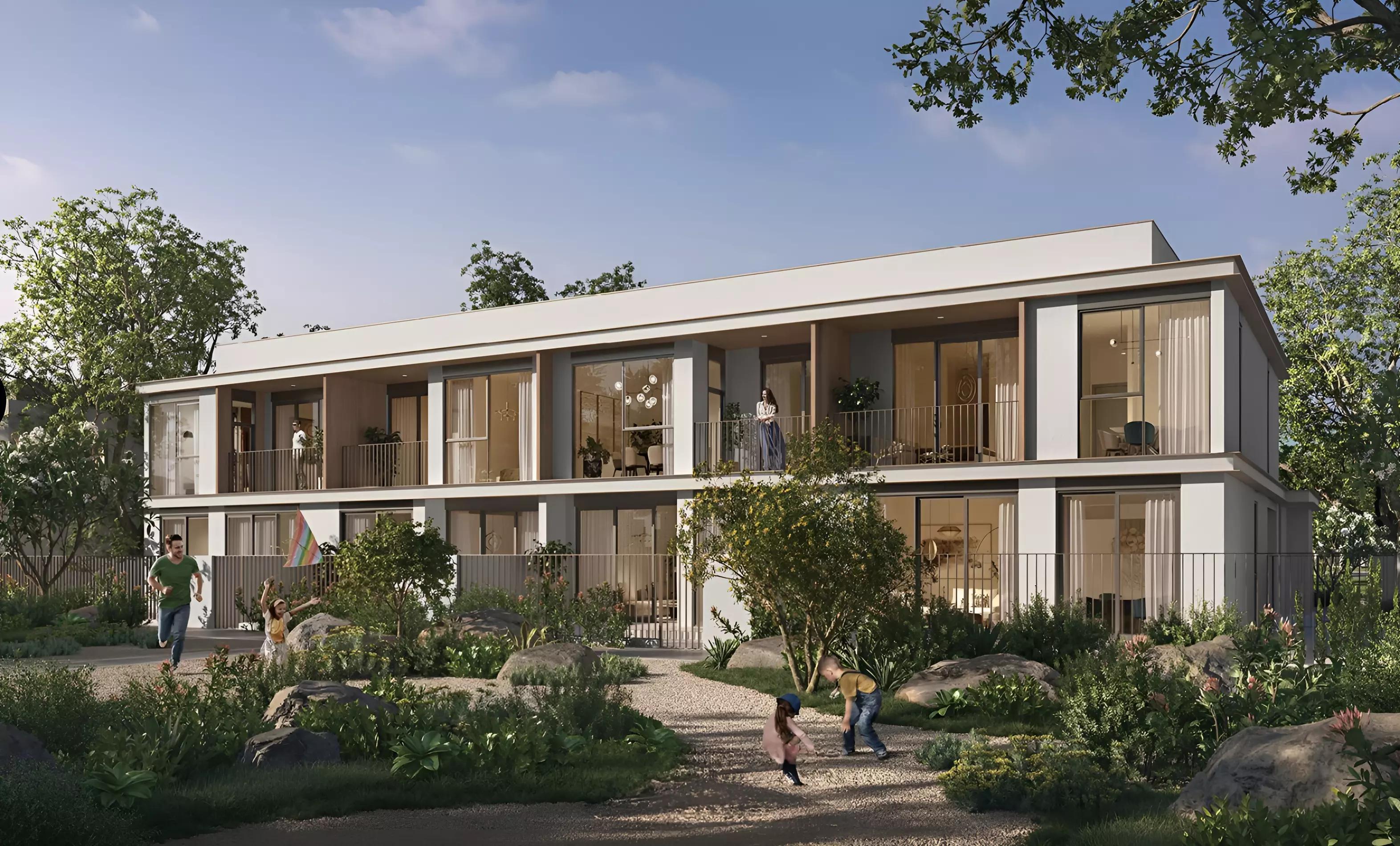 Venera townhouse exterior with landscaped street, The Valley, Dubai