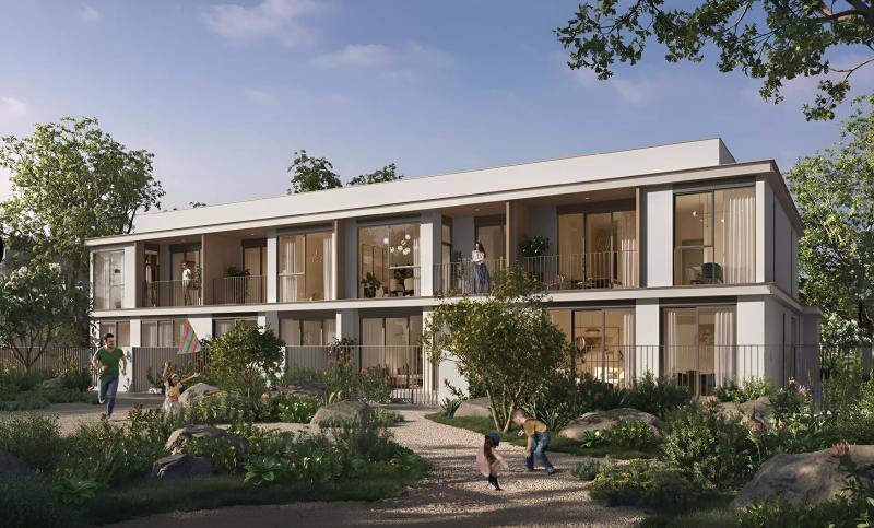Venera townhouse exterior with landscaped street, The Valley, Dubai