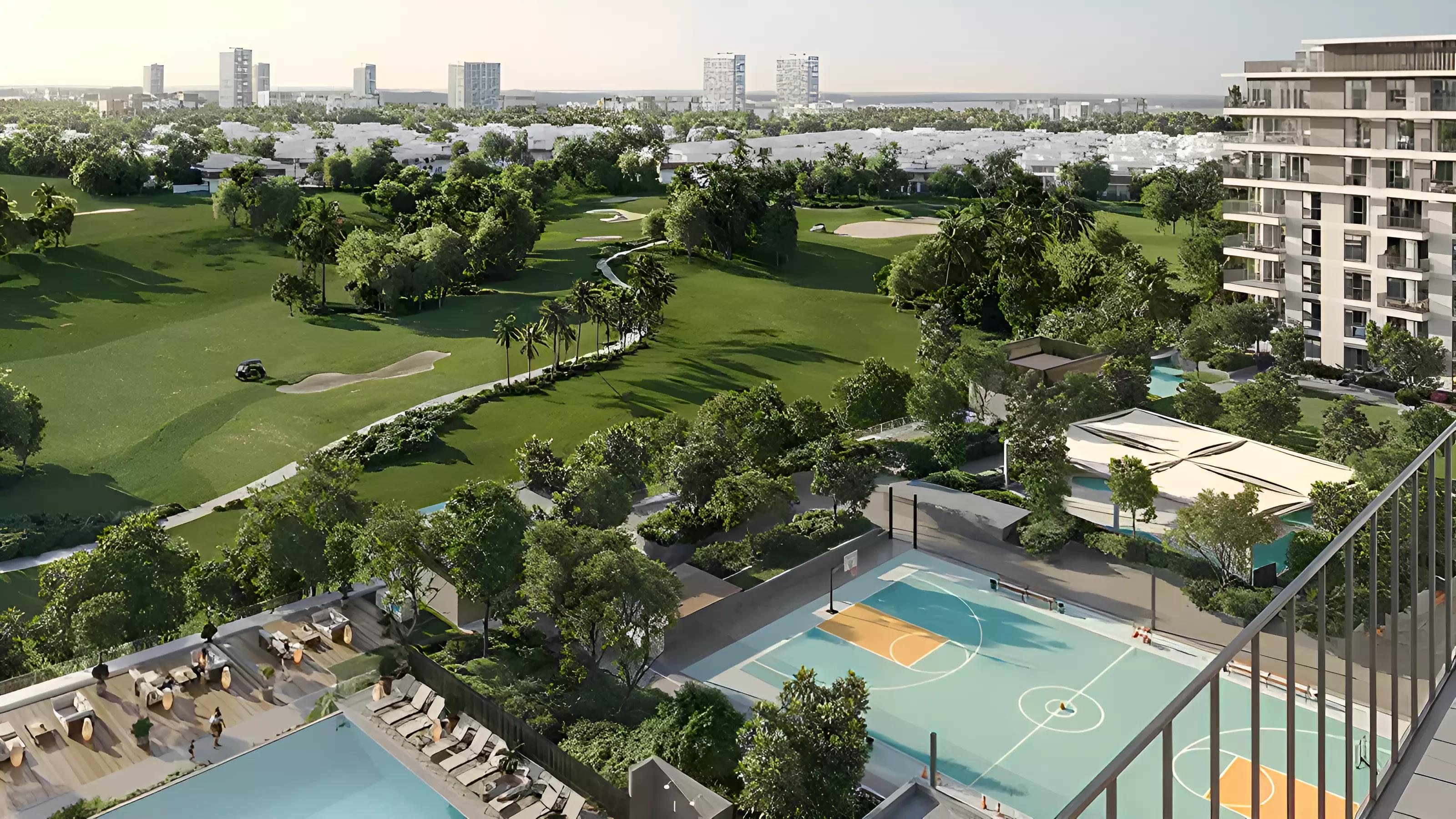 Golf Point apartment building street-level view, Emaar South