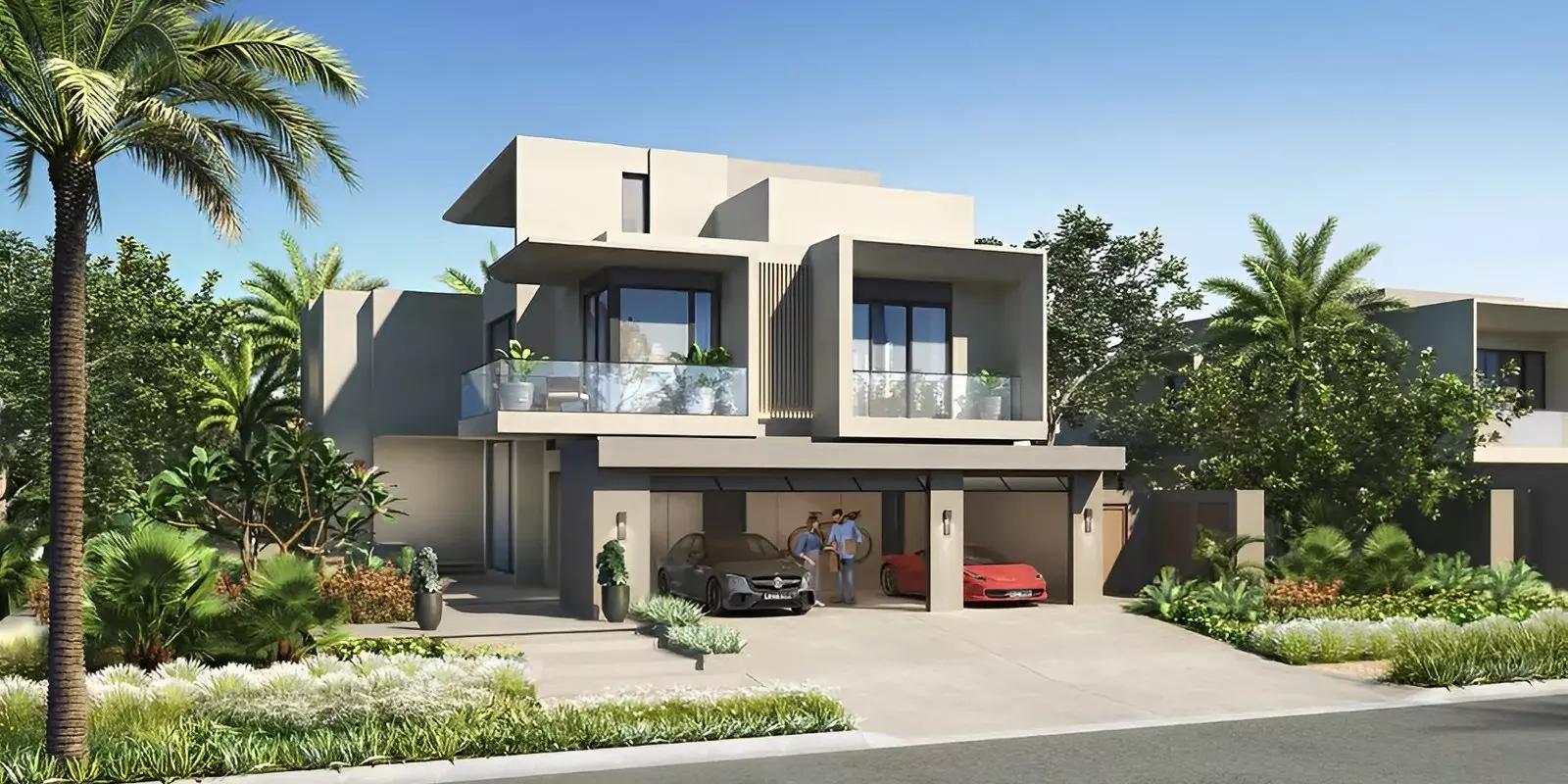 Villa facade and front garden at Jebel Ali Village community, Dubai