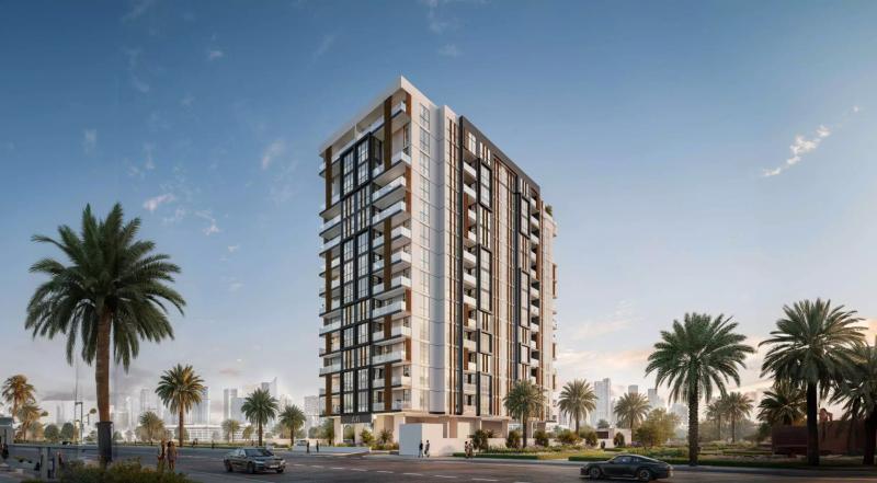A99 residential building exterior with landscaped surroundings, Dubai Land Residence Complex