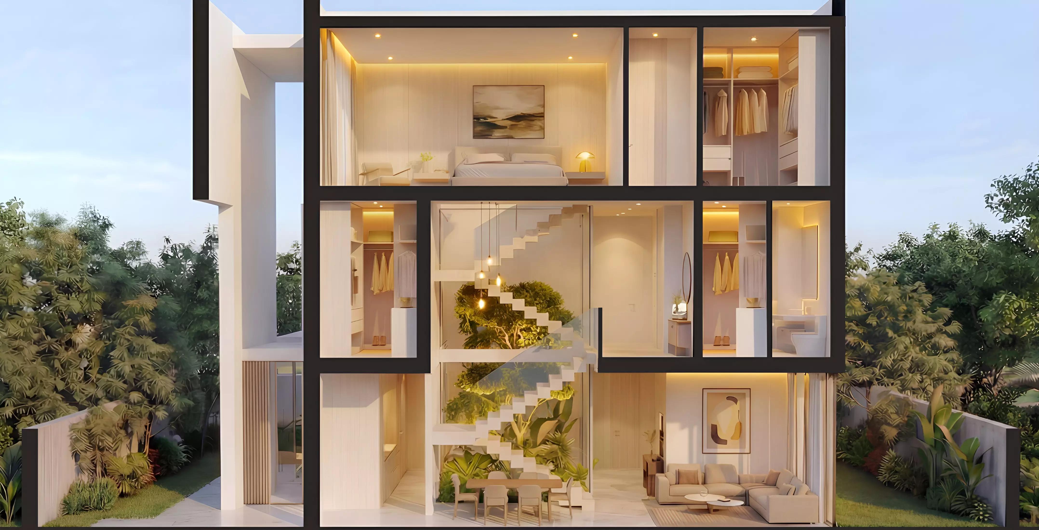 The Sol at Lunaya residential street with villas, Jebel Ali Village, Dubai
