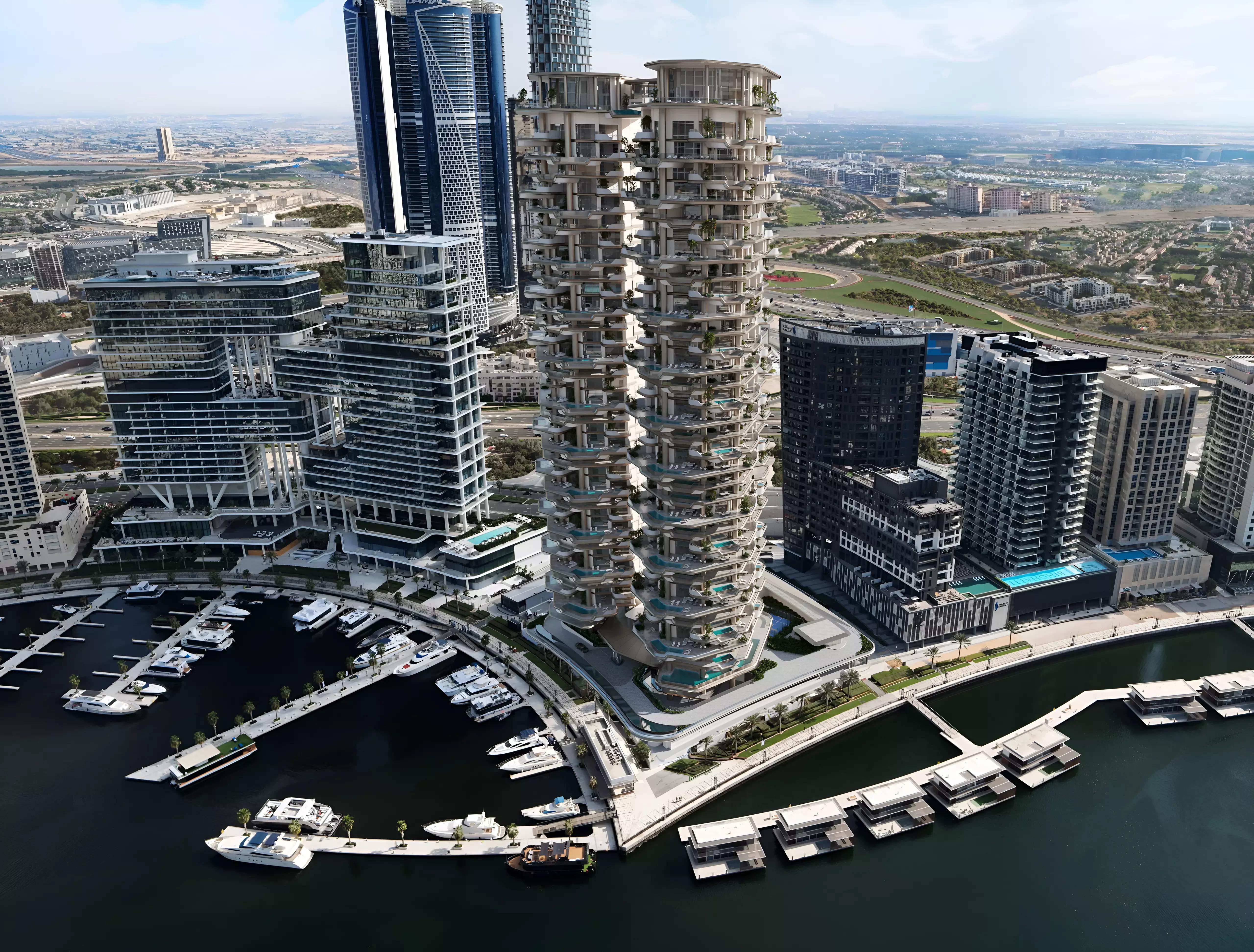 One Sankari residential tower elevation overlooking the Dubai Canal