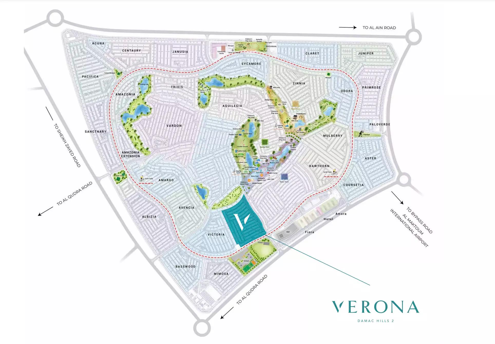 Verona master plan layout showing townhouse clusters and shared facilities, DAMAC Hills, Dubai