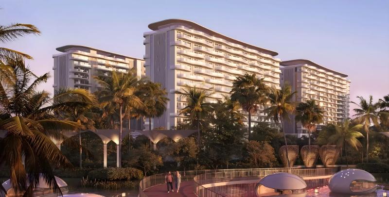 Valencia apartment building exterior at DAMAC Lagoons, Dubai