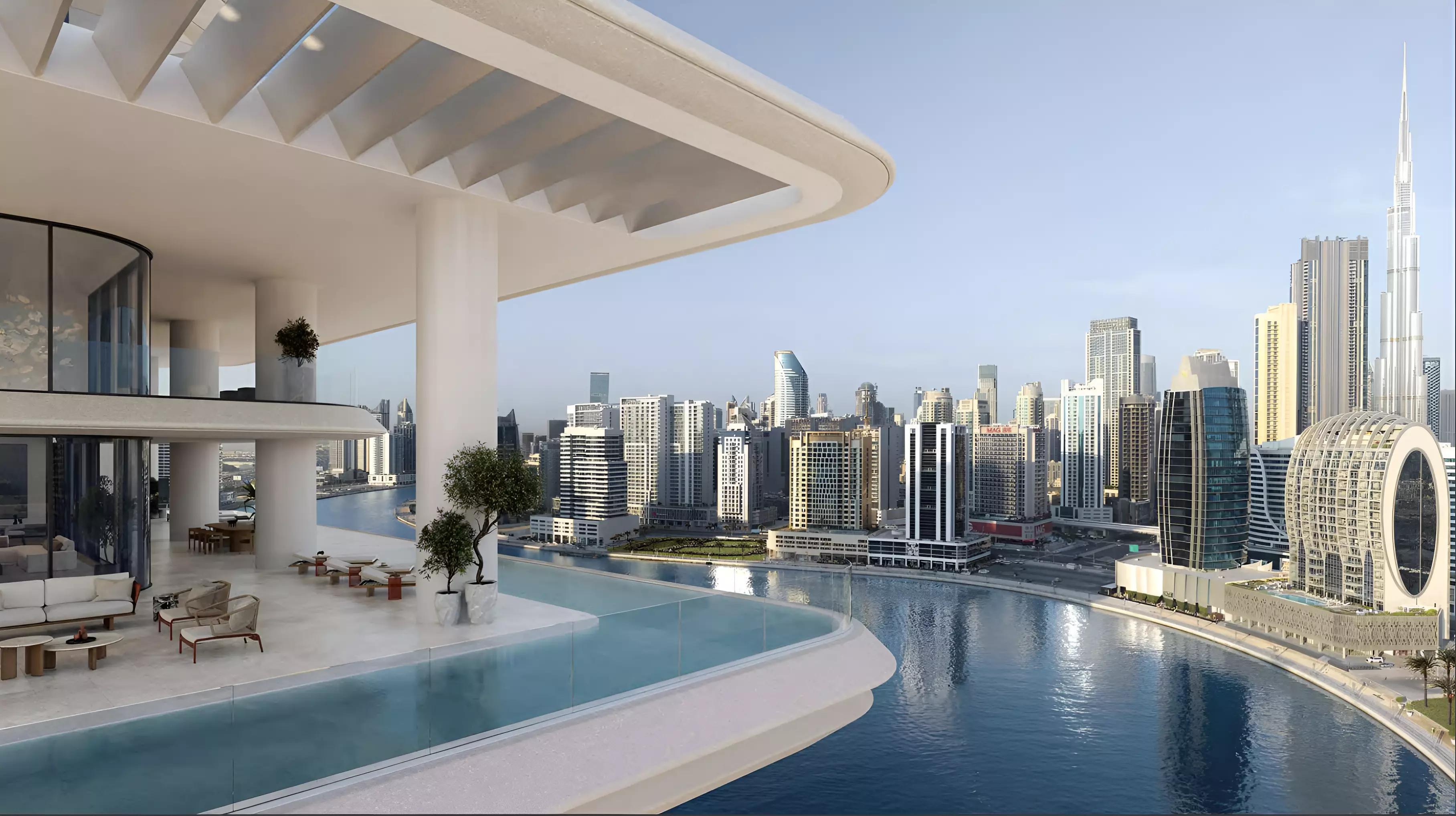 Vela Dorchester Collection living space with canal-district views, Business Bay, Dubai