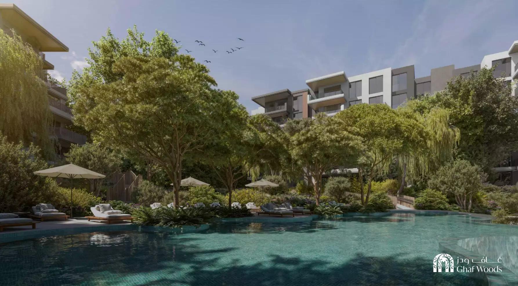Serra at Ghaf Woods amenity deck with swimming pool, Dubai Land, Dubai