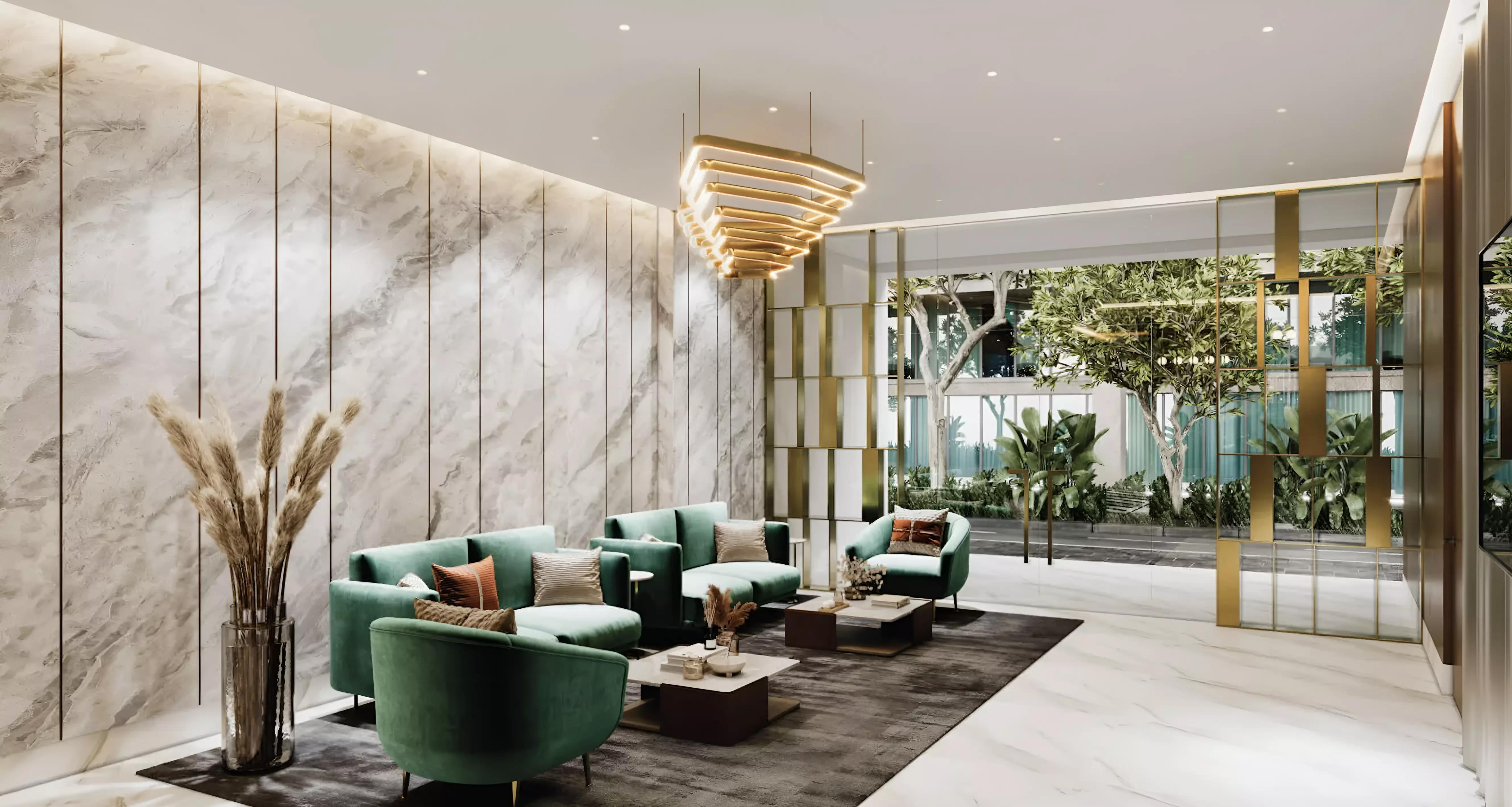 Golden Wood Views Phase 5 building elevation with landscaped surroundings, JVC Dubai