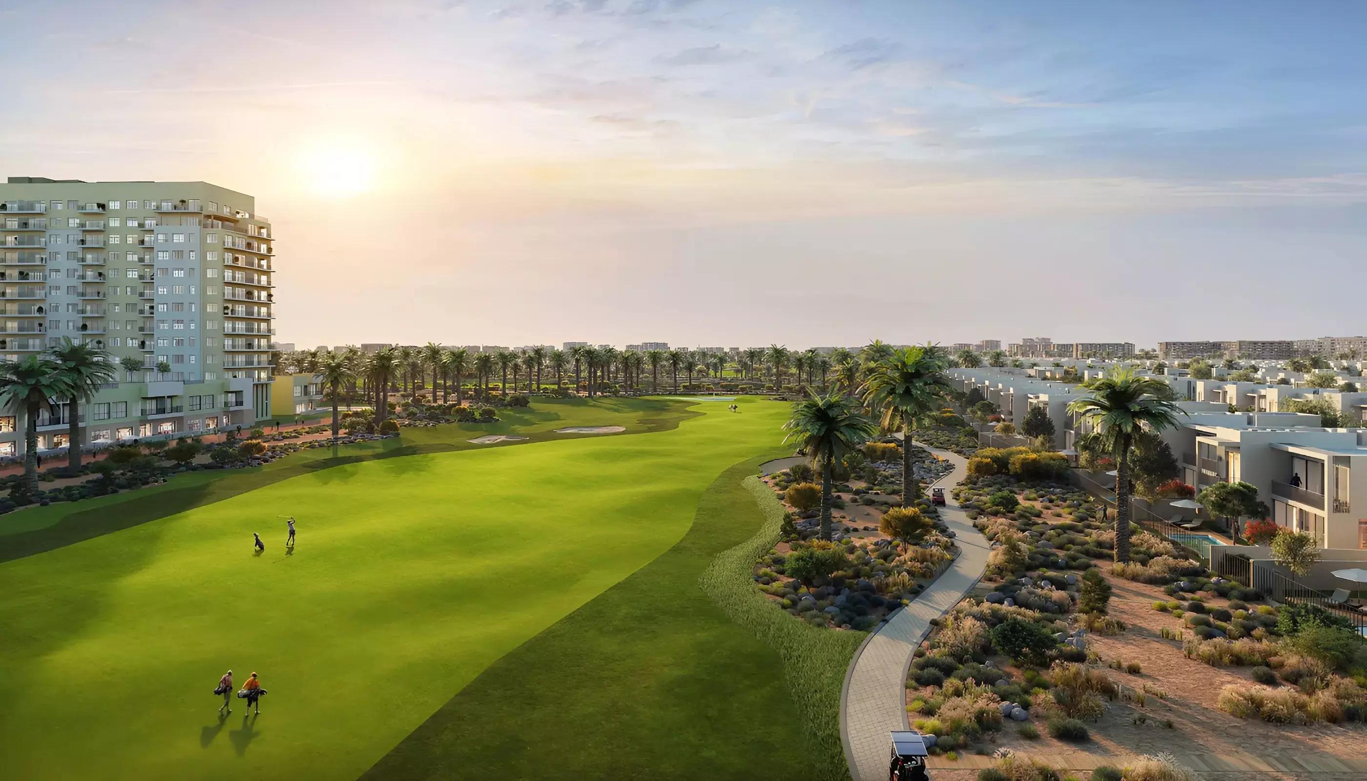 Golf Verge community pool and outdoor lounge area, Emaar South