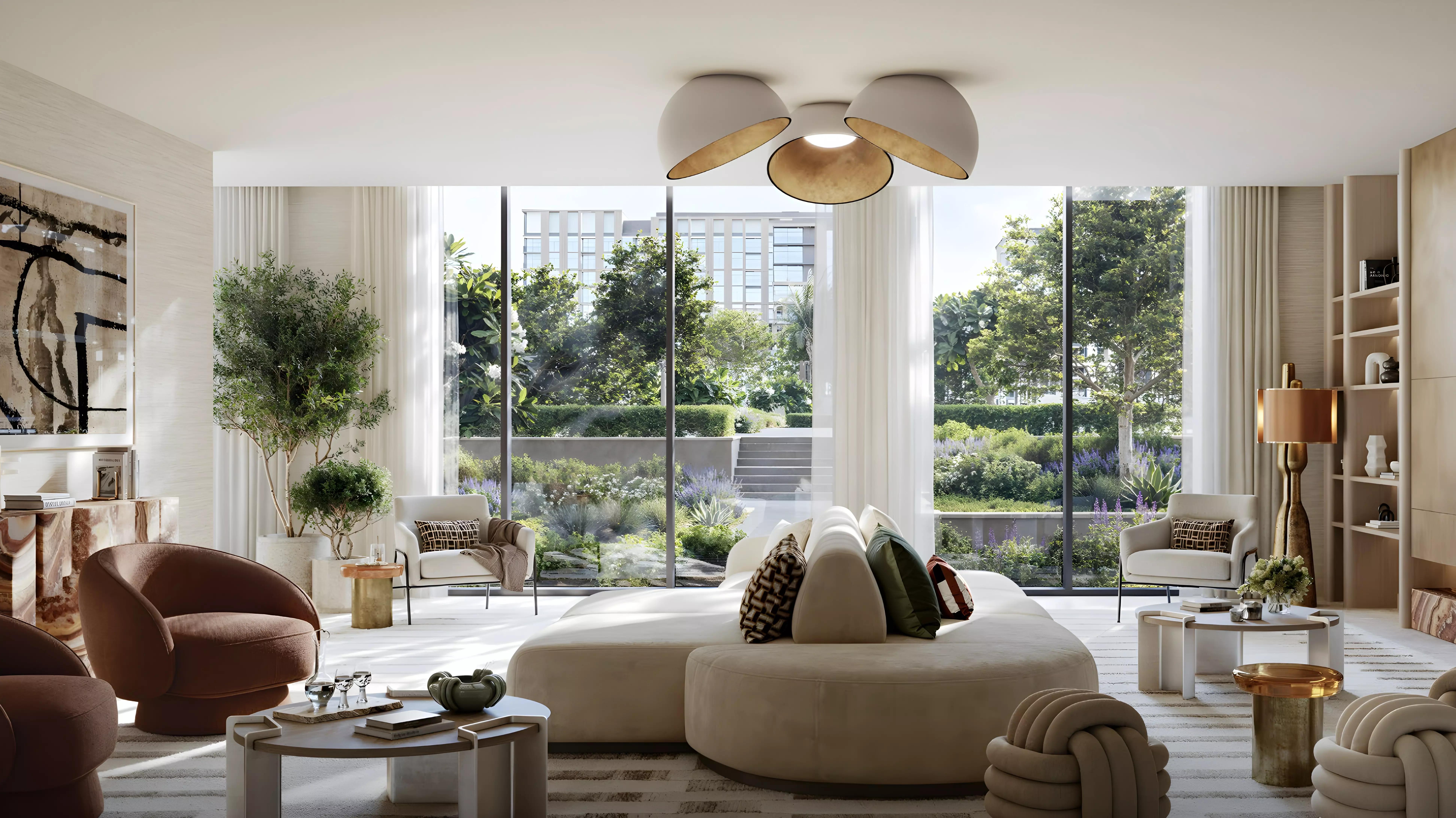 Terra Woods apartment living room with floor-to-ceiling windows and view over community gardens