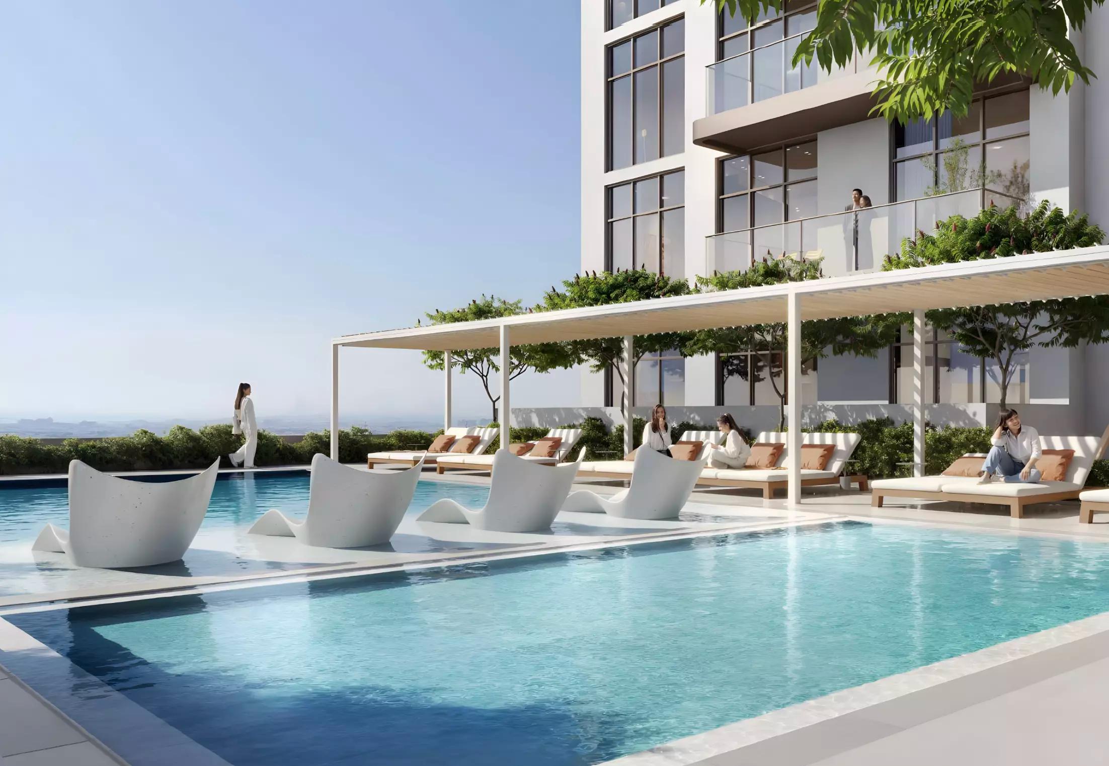 Facade and entrance of Silviana Park Living residential development, JVT, Dubai