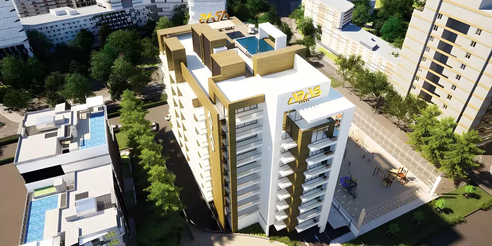 Aras Heights residential tower street-level view, Majan, Dubai