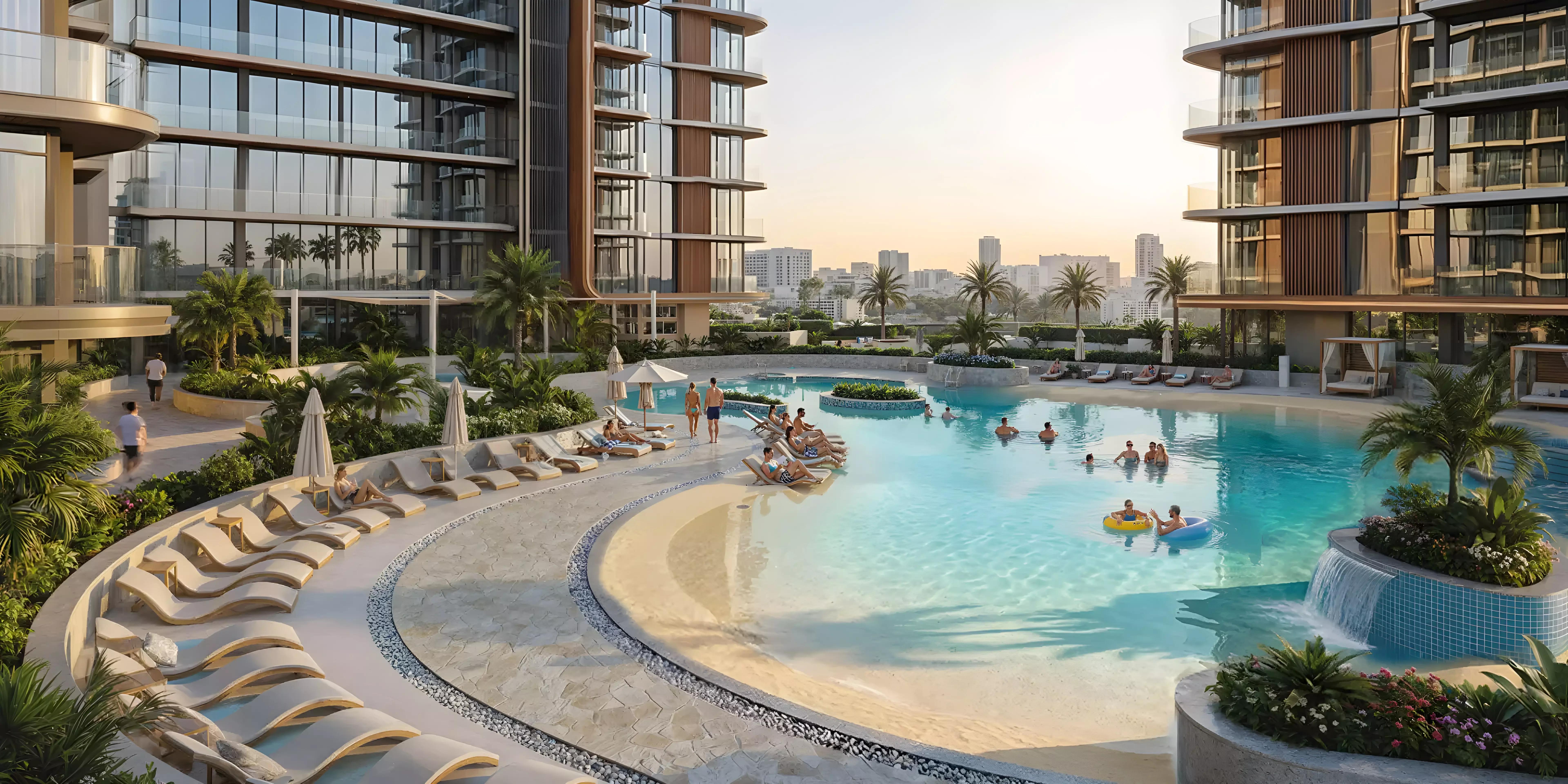 Landscaped garden and pool area at Azizi Jaddaf Beach Oasis, Al Jaddaf