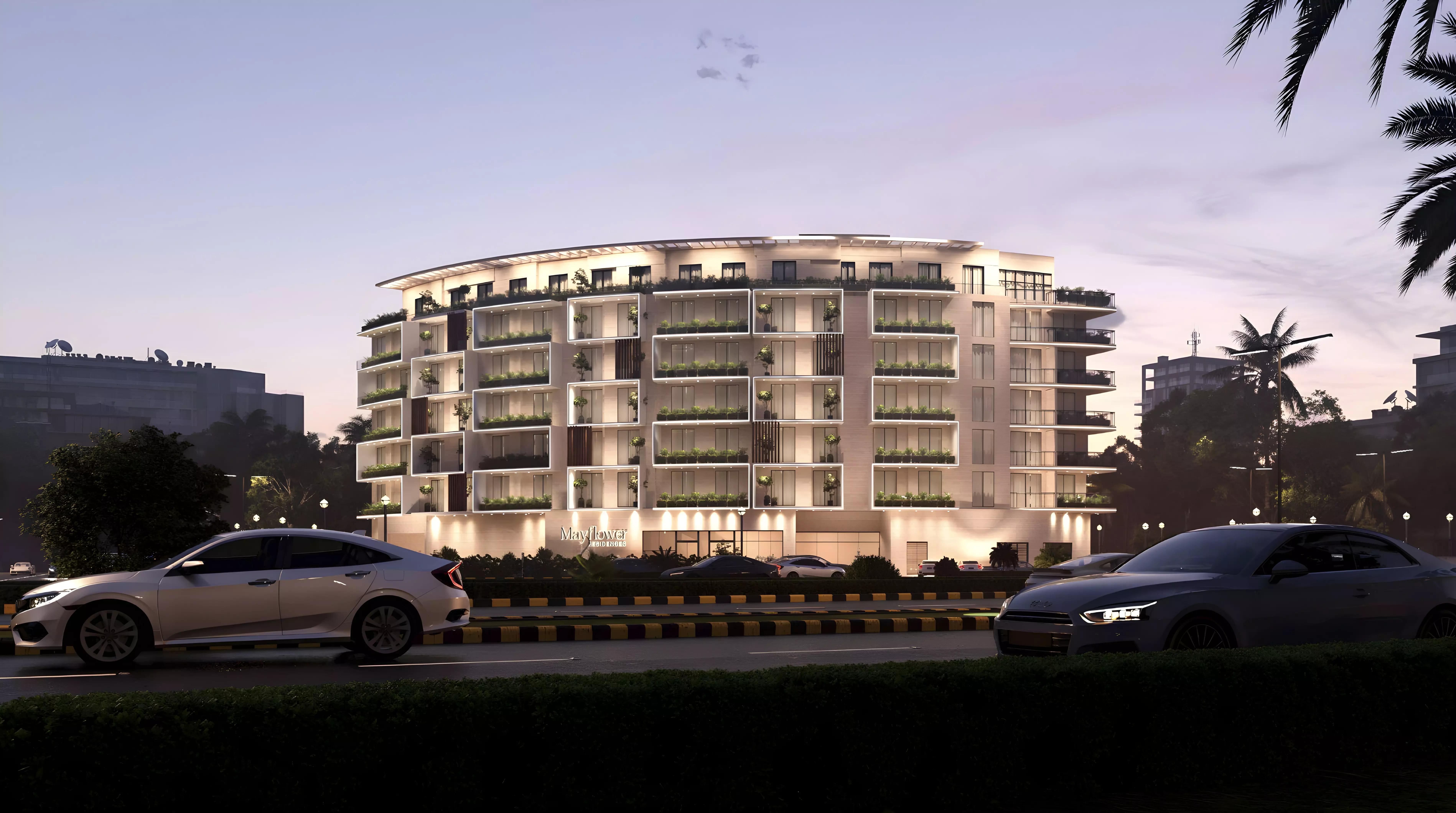 Mayflower Residences apartment building street view, International City Phase 2, Dubai