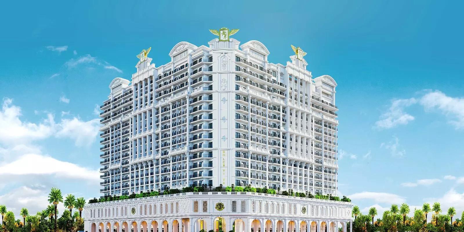 Exterior facade of Vincitore Dolce Vita apartment building in Arjan, Dubai