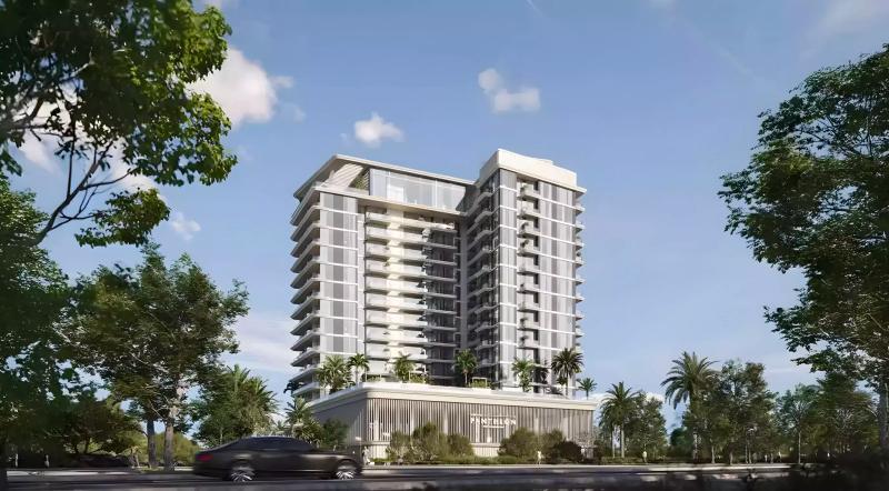 Exterior render of Omya Residences apartment building at Wasl Gate, Dubai