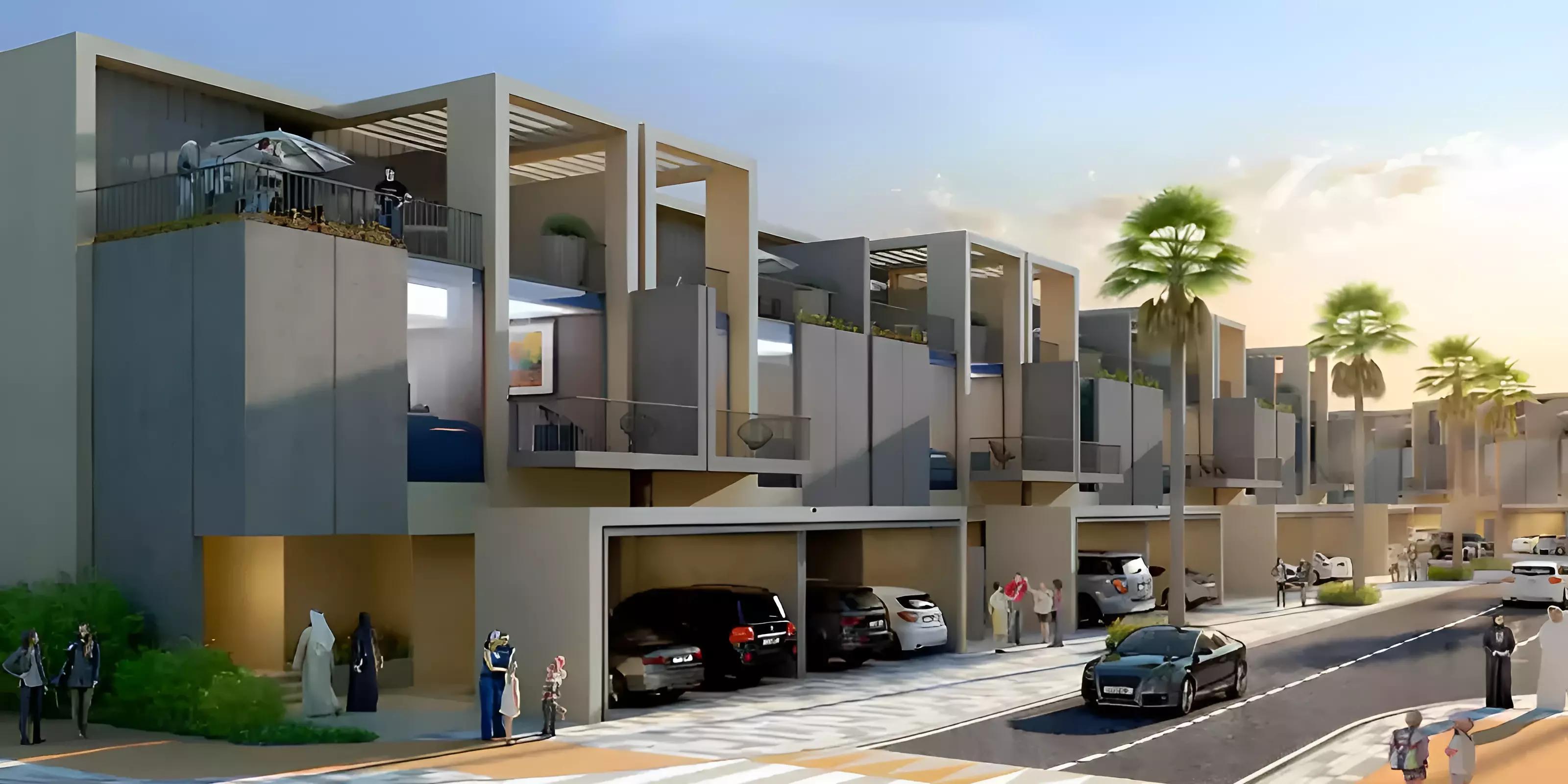 Sevilla townhouse facade and driveway, Victory Heights, Dubai Sports City