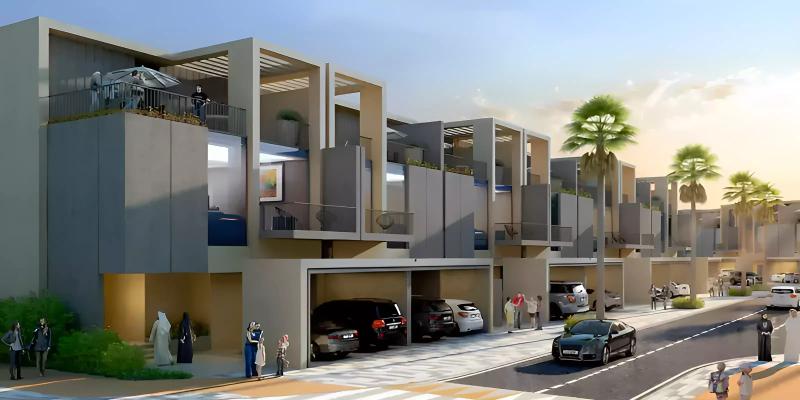 Sevilla Village villa exterior with driveway and landscaping, Victory Heights, Dubai Sports City
