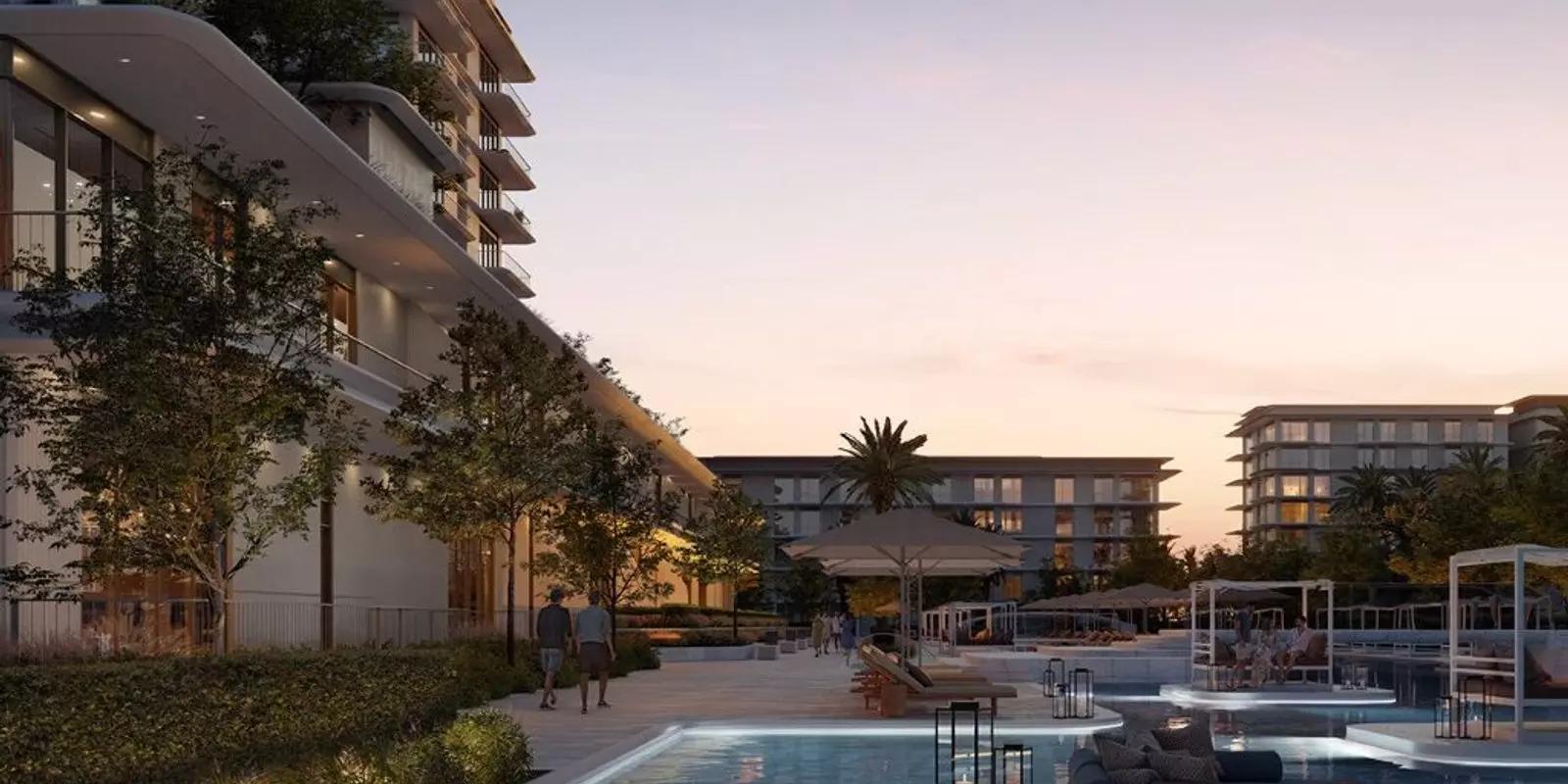 Avonlea building facade and landscaped grounds, Mina Rashid, Dubai