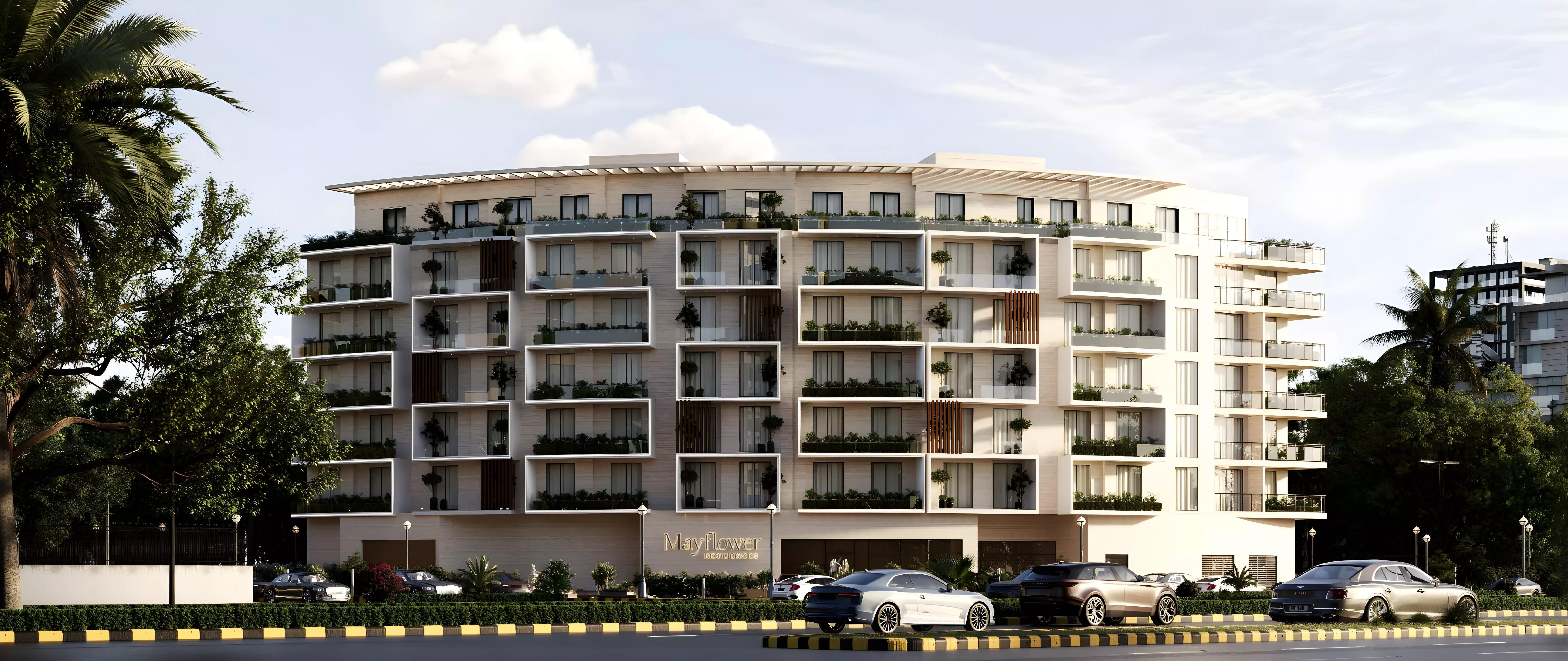 Mayflower Residences building entrance and landscaping, Al Warsan, Dubai