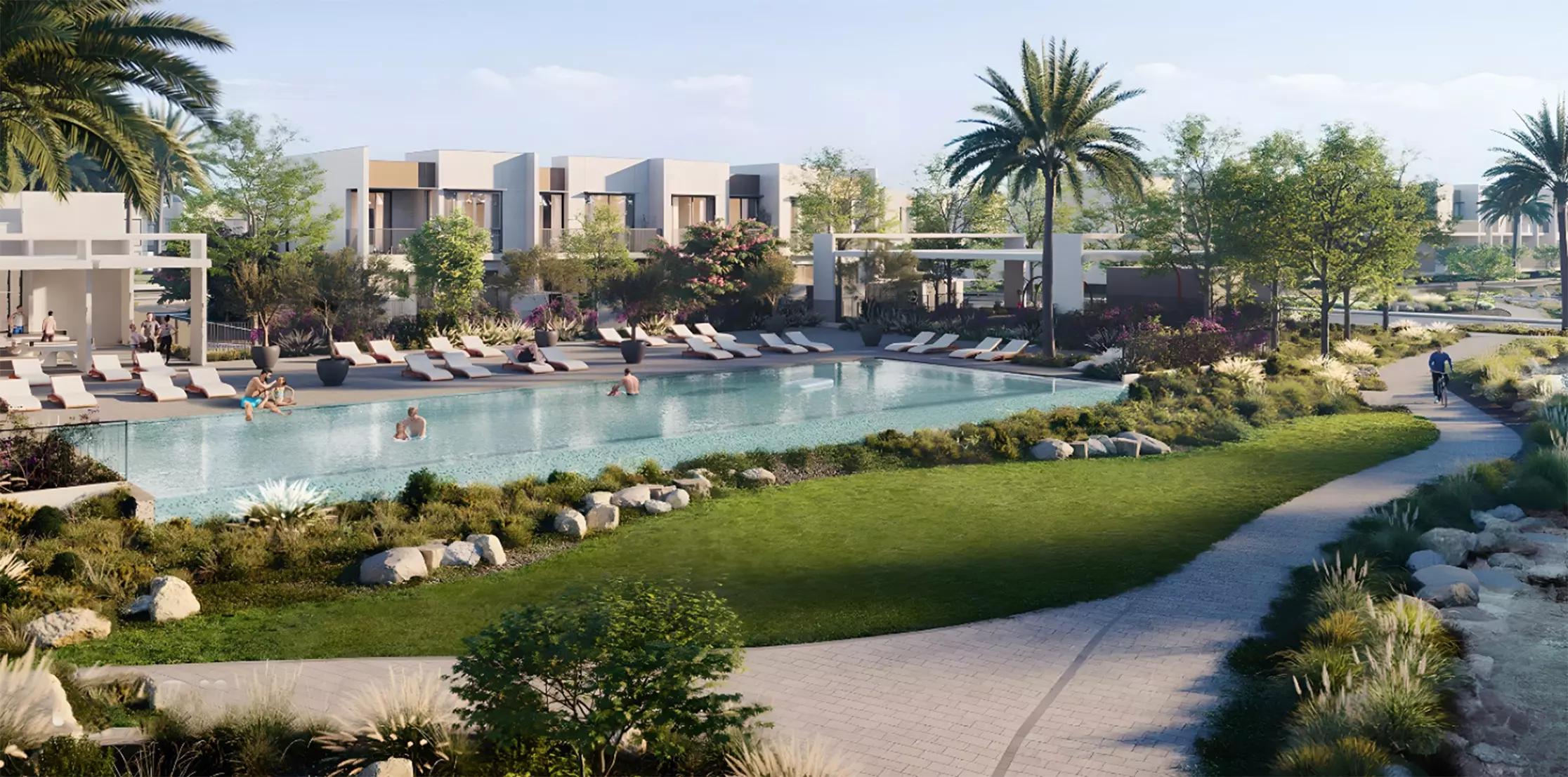 Nima townhouse street view with landscaping, The Valley, Dubai