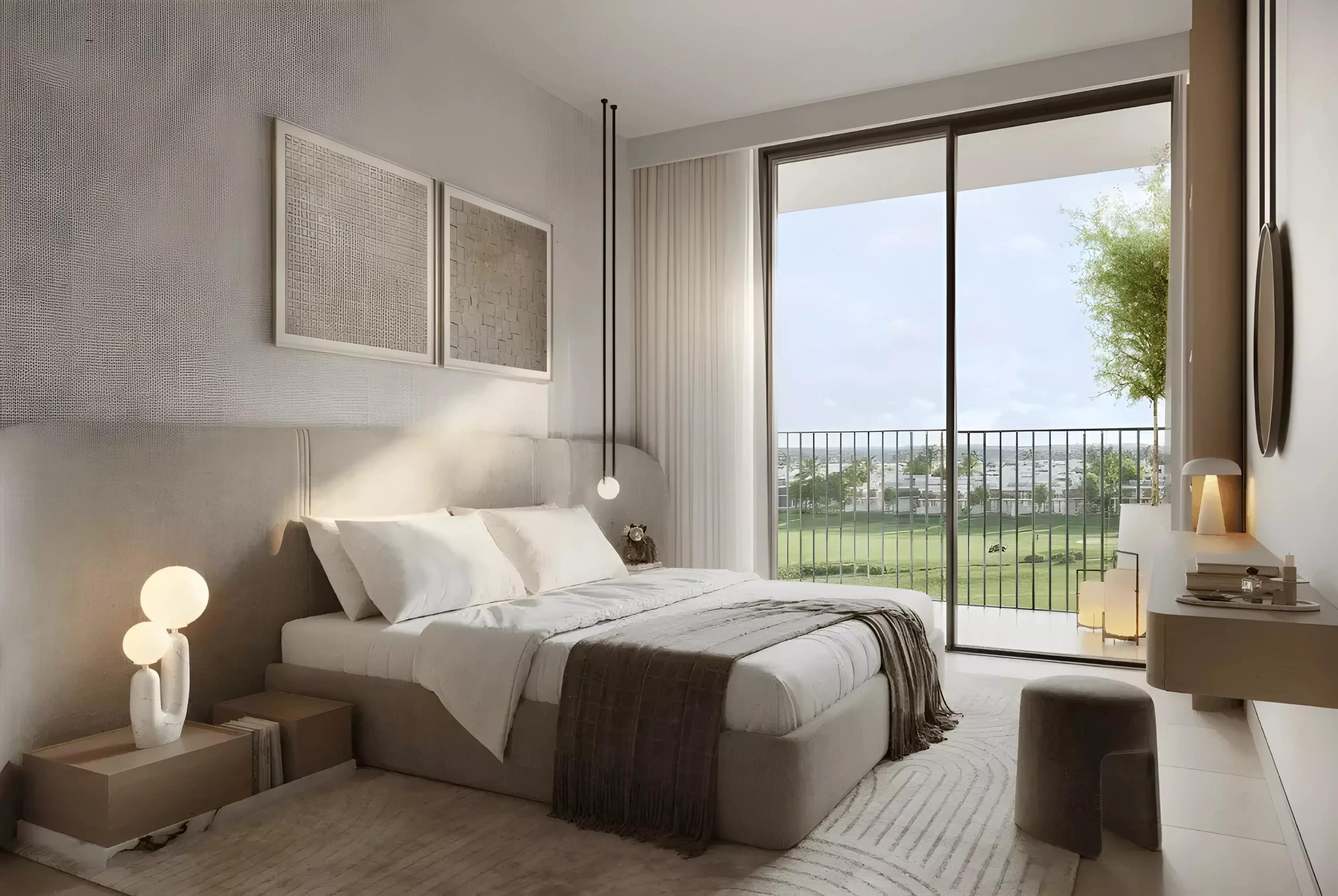 Golf Meadow residential building facade with landscaped grounds, Emaar South