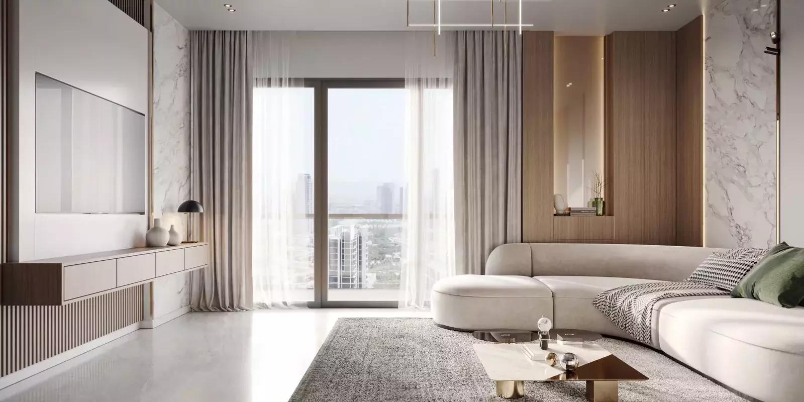 Binghatti Orchid interior apartment living space, Jumeirah Village Circle