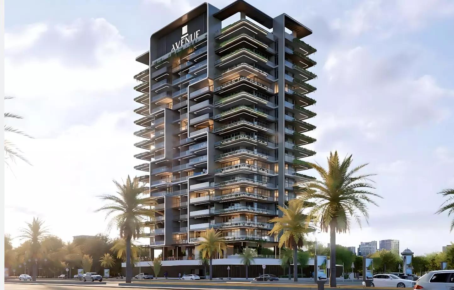 Samana Avenue tower exterior facade, Dubai Land Residence Complex, Dubai