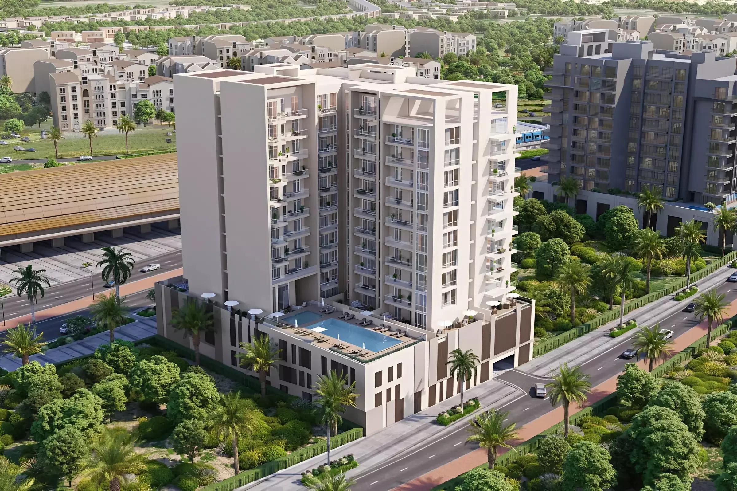 Avenue Residence 8 building elevation with landscaped entrance, Al Furjan