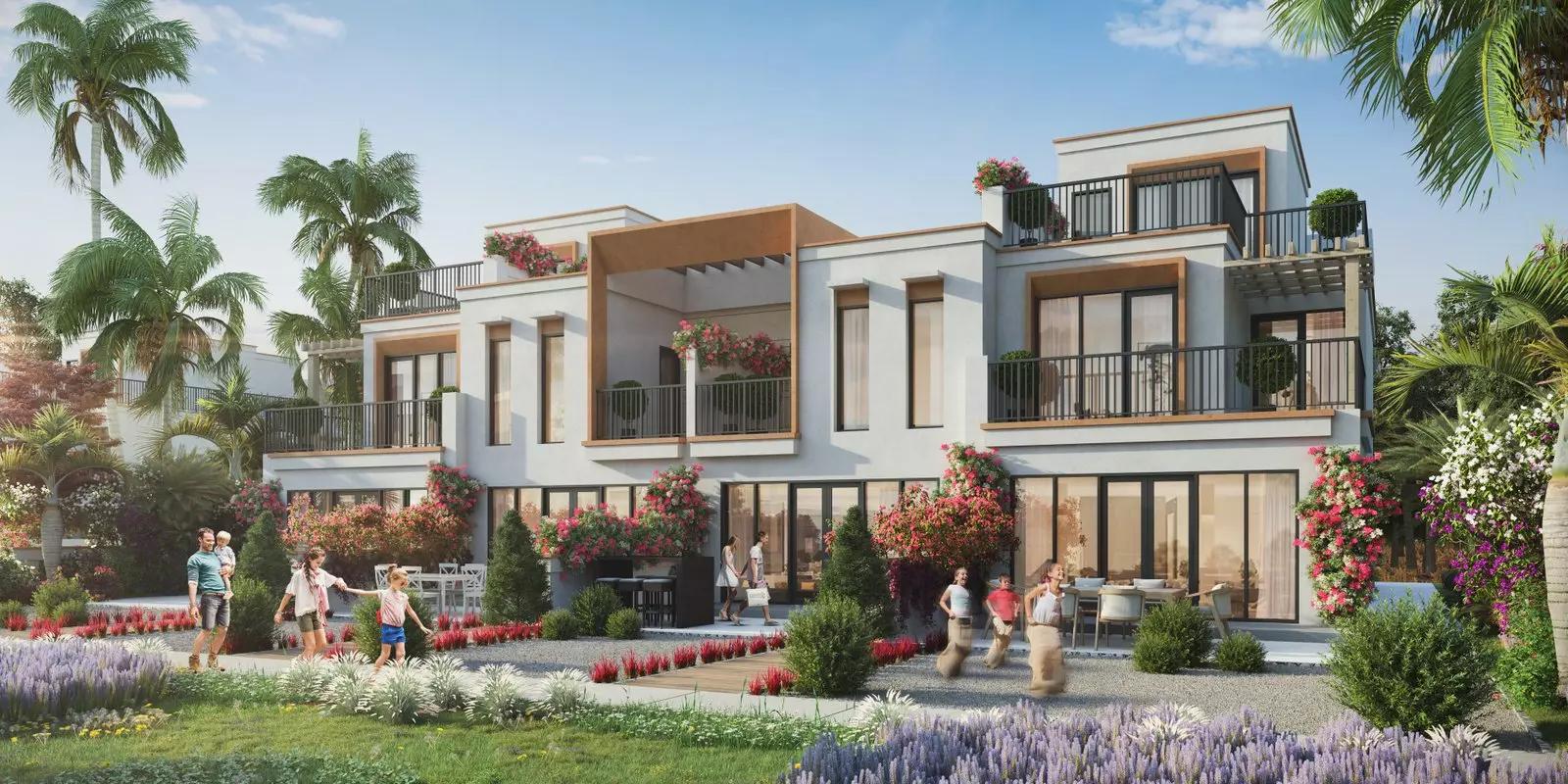 Mykonos townhouse street view with landscaped gardens, DAMAC Lagoons