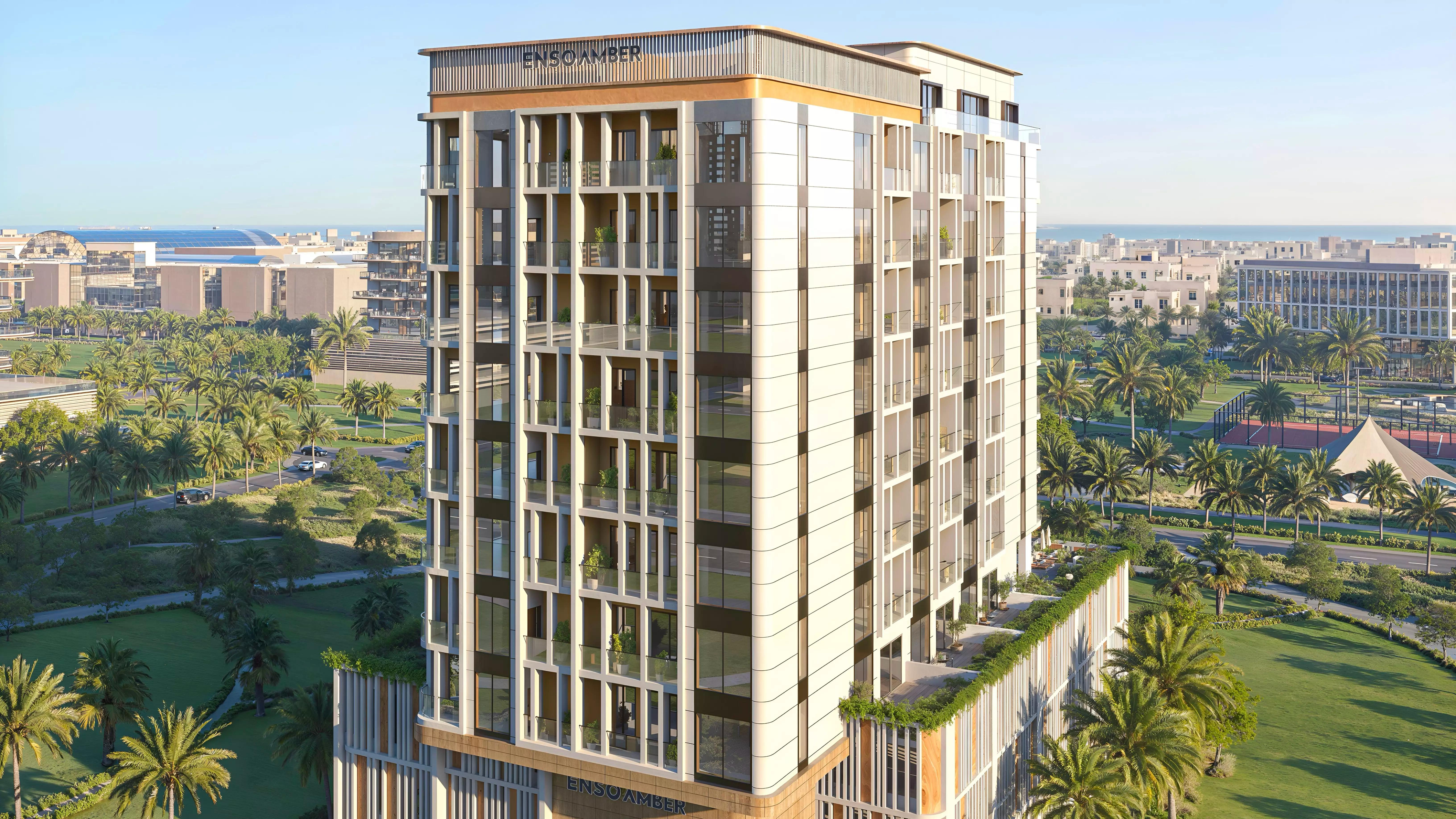 Enso Amber apartment tower exterior view in Jumeirah Garden City, Al Satwa, Dubai