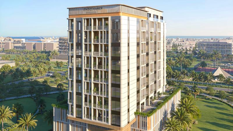 Enso Amber apartment tower exterior view in Jumeirah Garden City, Al Satwa, Dubai
