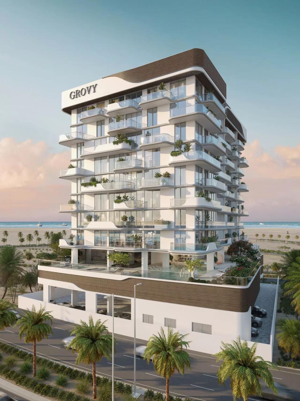 Sia residential building rendering with landscaped surroundings, Dubai Islands