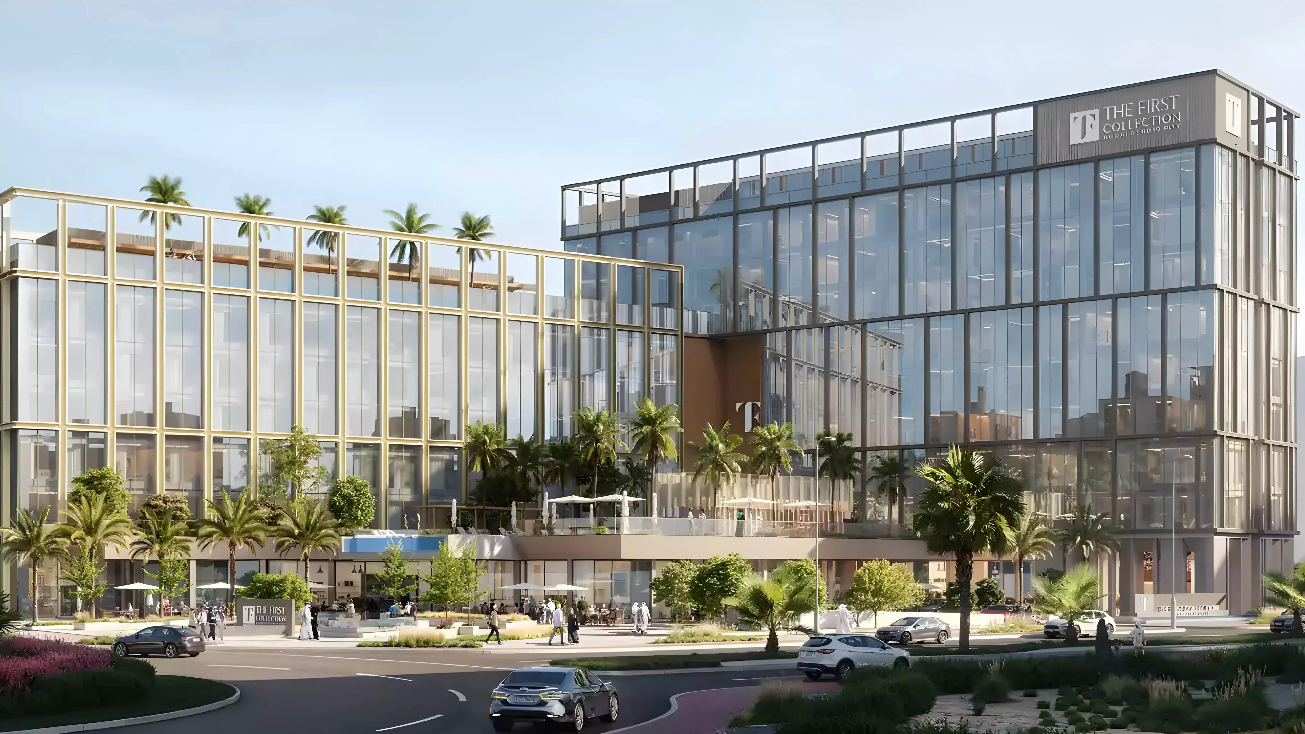 Exterior render of The First Collection apartment tower in Dubai Sports City