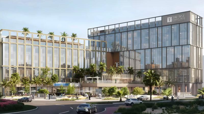 Exterior render of The First Collection apartment tower in Dubai Sports City