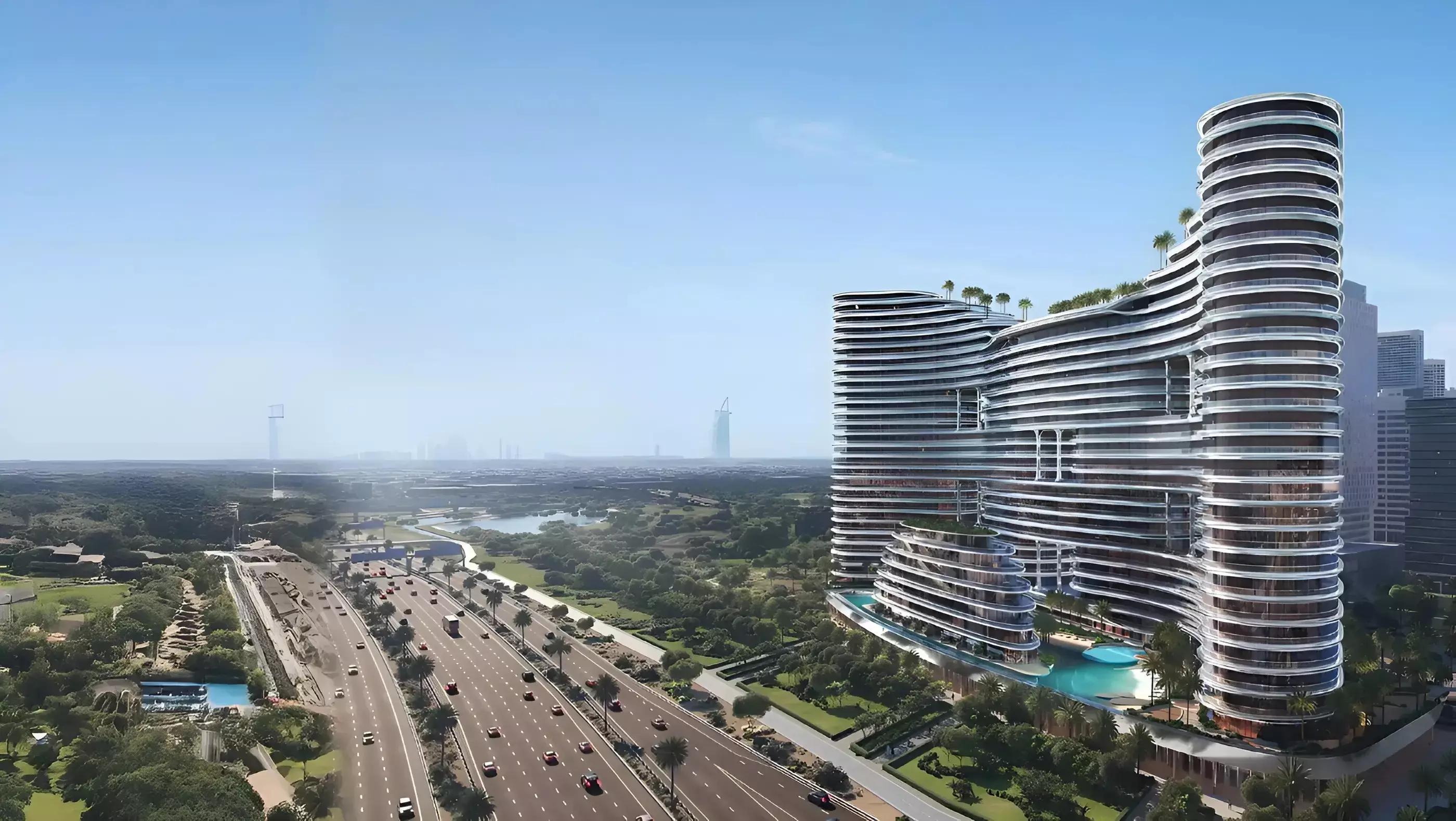 Binghatti Aquarise facade and architectural detail, Business Bay