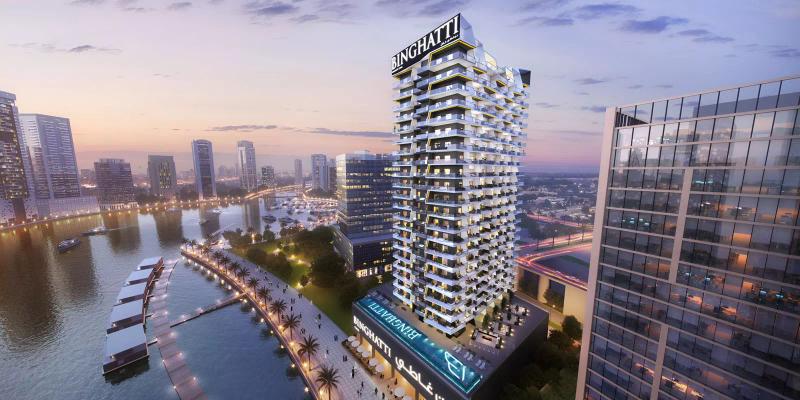 Binghatti Canal tower exterior along the Business Bay waterfront, Dubai