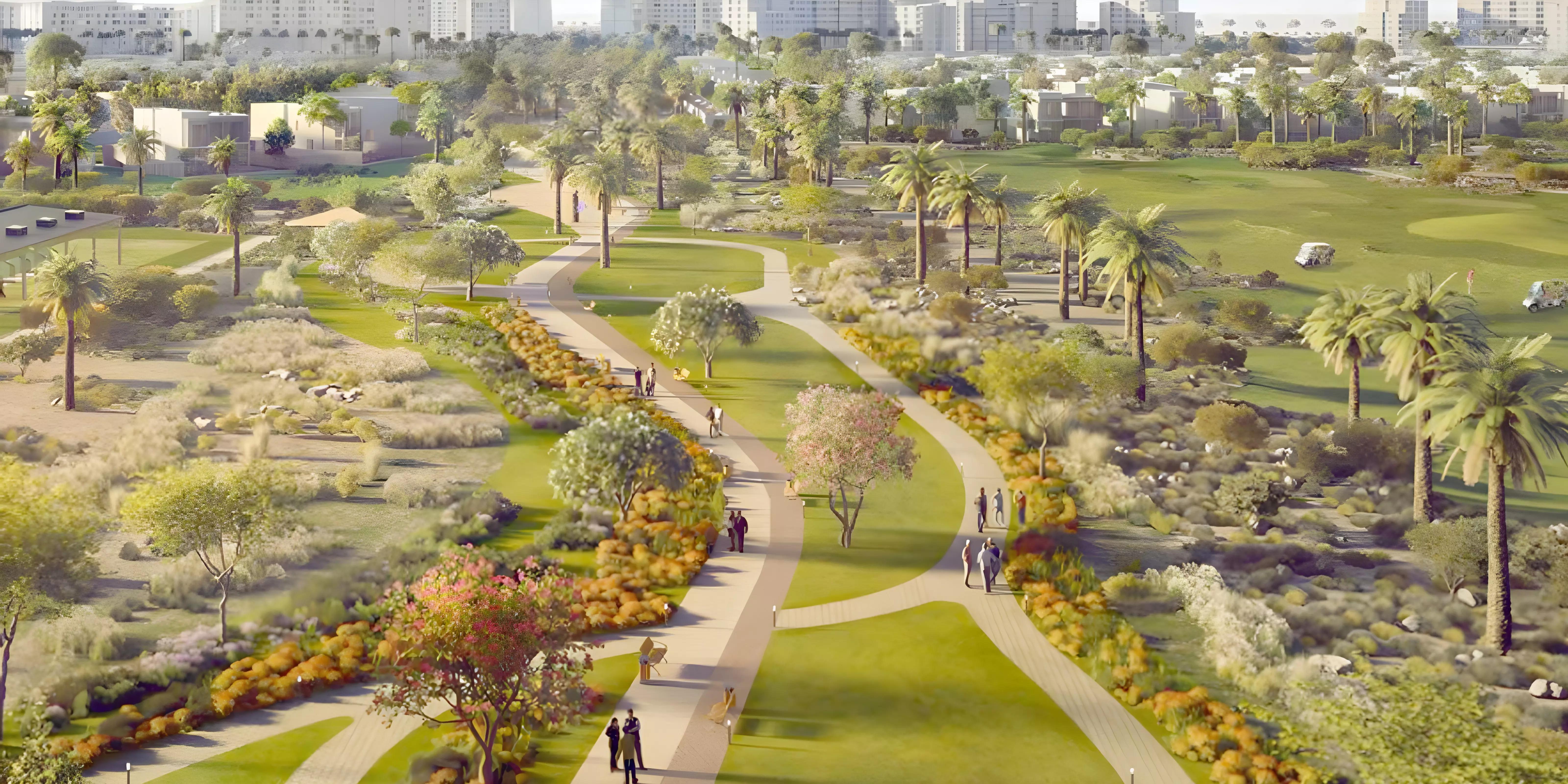 Fairway Villas rear garden and outdoor terrace overlooking Emaar South golf course