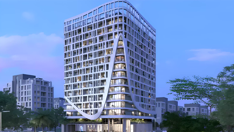 Sky Suites building exterior facade in Jumeirah Village Circle, Dubai